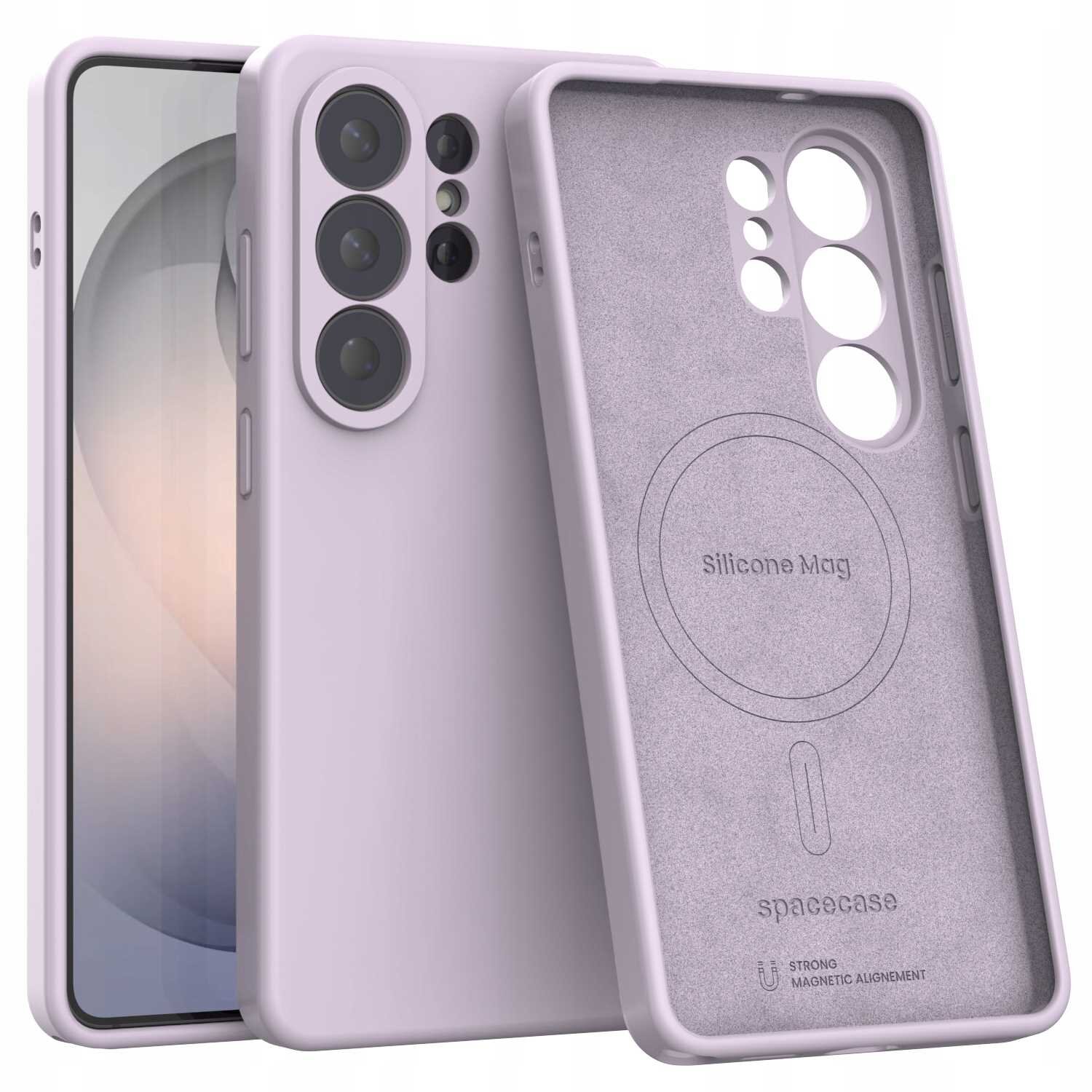 Fioletowe silikonowe etui z trzema wycięciami na aparaty i napisem \'Silicone Mag\' wewnątrz. Widoczny jest również napis \'spacecase\' oraz symbol magnetyczny.