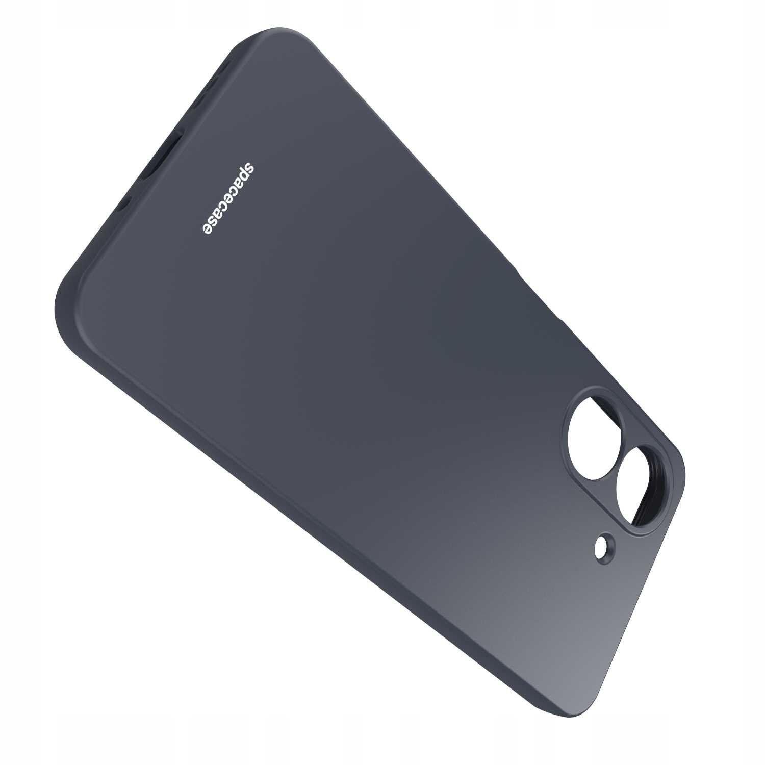 Czarne silikonowe etui z wycięciami na aparat i logo \'spacecase\' na powierzchni.