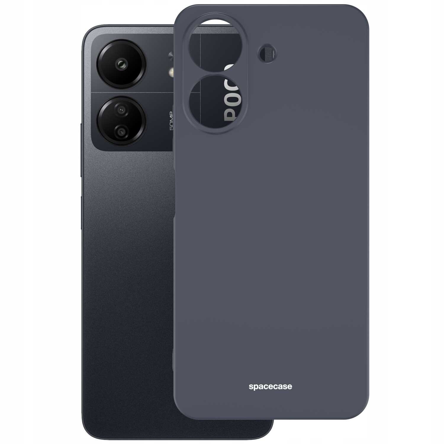 Na obrazie widoczne jest czarne silikonowe etui marki spacecase, przeznaczone do telefonu. Etui ma wycięcia na aparat i przyciski, a w tle widać fragment telefonu z napisem \'POCO\'.