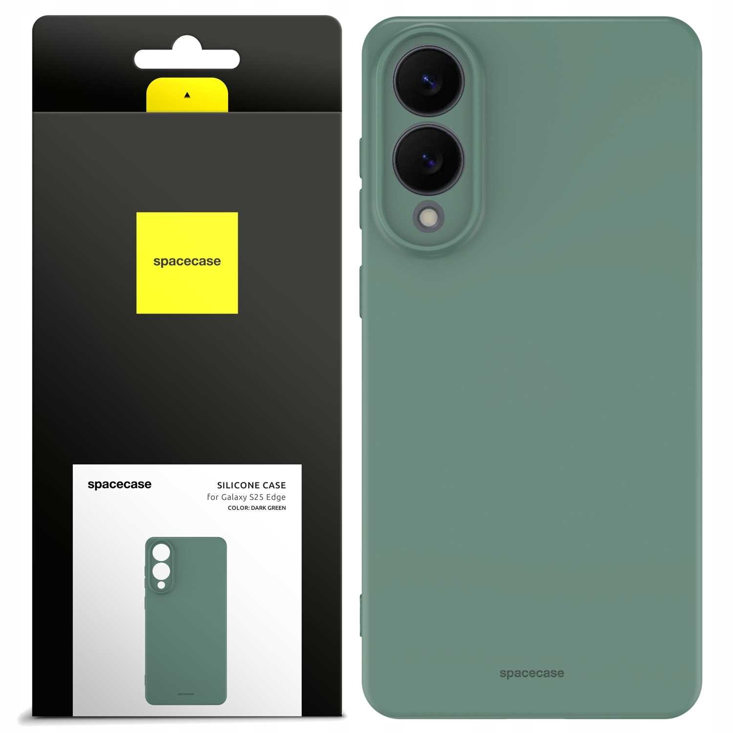 Zielone silikonowe etui na telefon z trzema otworami na aparaty. Opakowanie z logo \'spacecase\' i napisem \'SILICONE CASE for Galaxy A36 COLOR: DARK GREEN\'.