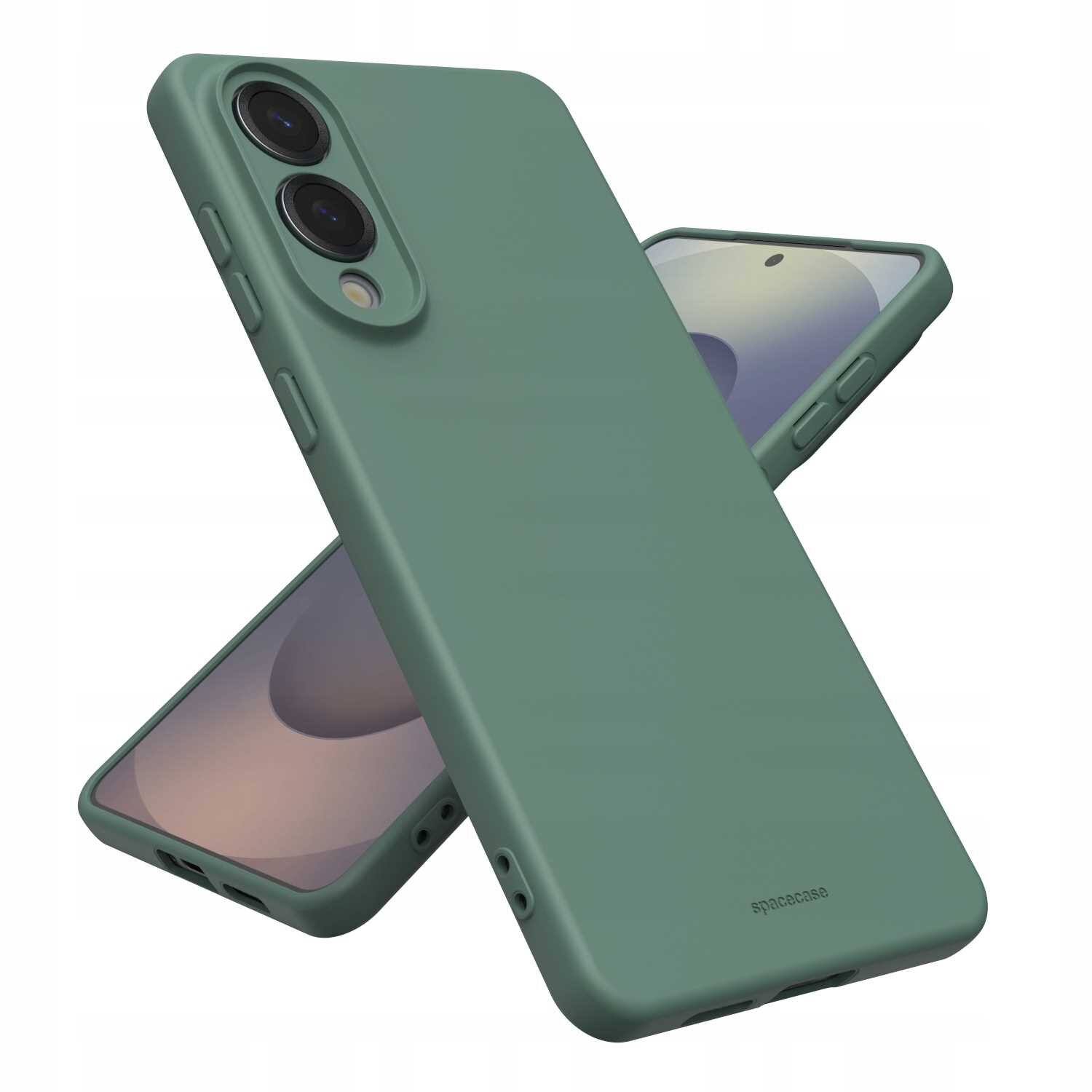 Zielone silikonowe etui na telefon z widocznymi przyciskami bocznymi i wycięciami na aparat. Na dole etui znajduje się napis \'spacecase\'.