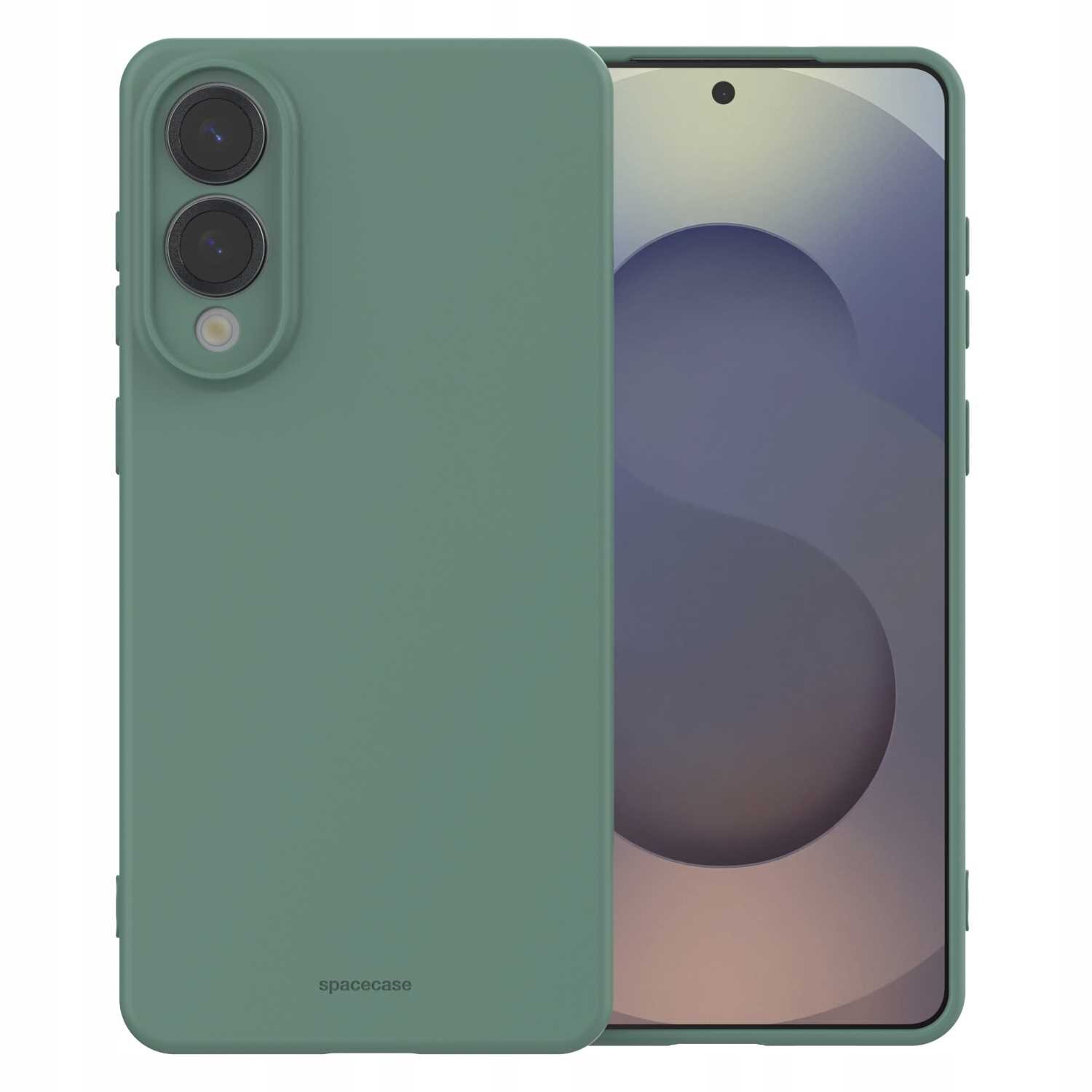Zielone silikonowe etui na telefon z dwoma otworami na aparaty i napisem \'spacecase\' na dole. Obok widoczny jest telefon z wyświetlaczem pokazującym abstrakcyjny wzór.