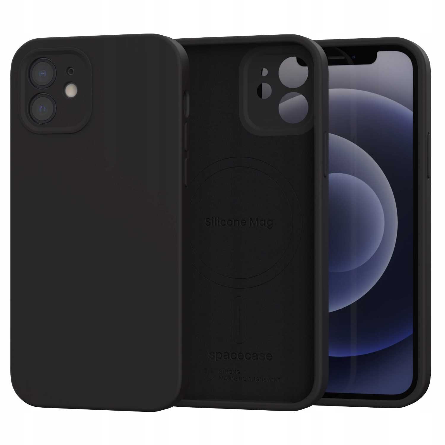 Czarne silikonowe etui magnetyczne na iPhone 12 z widocznymi wycięciami na aparat i ekran. Na wewnętrznej stronie etui widoczny jest napis \'Silicone Mag\' oraz \'spacecase\'.