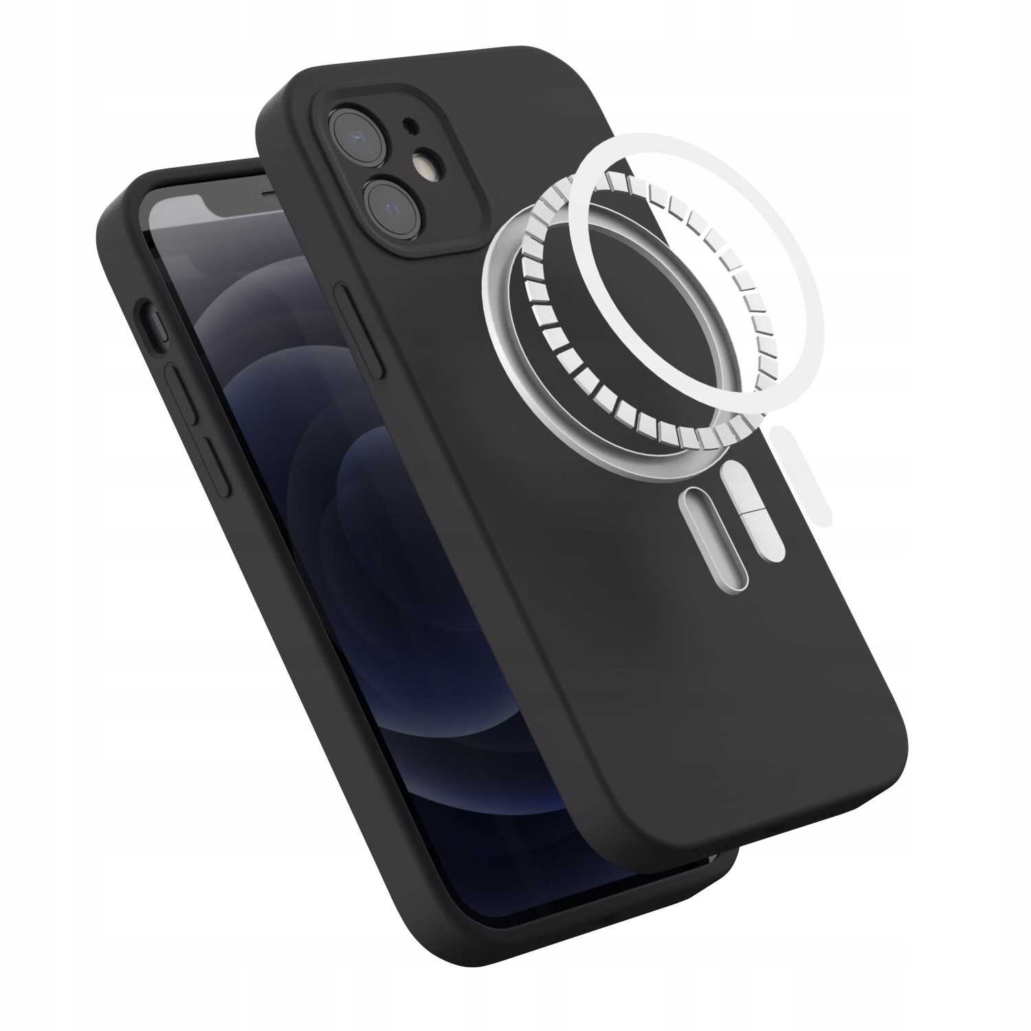 Czarne silikonowe etui magnetyczne na telefon z widocznym pierścieniem magnetycznym. Etui jest przeznaczone do iPhone 12.