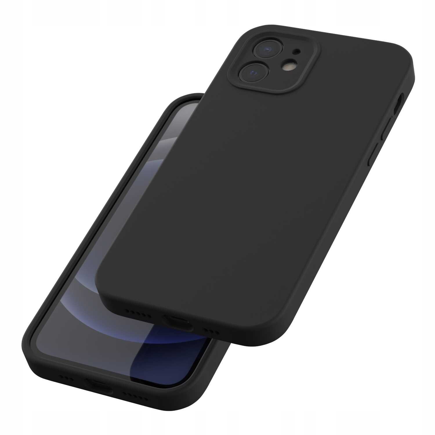 Czarne silikonowe etui magnetyczne na telefon, widoczne z przodu i z tyłu. Etui ma wycięcia na aparat i przyciski boczne.