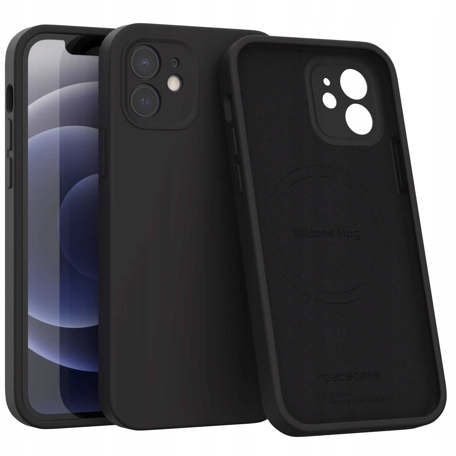 Czarne silikonowe etui magnetyczne do iPhone 12 z widocznymi wycięciami na aparat i przyciski. Na wewnętrznej stronie etui znajduje się napis \'Silicone Mag\' oraz logo \'spacecase\'.