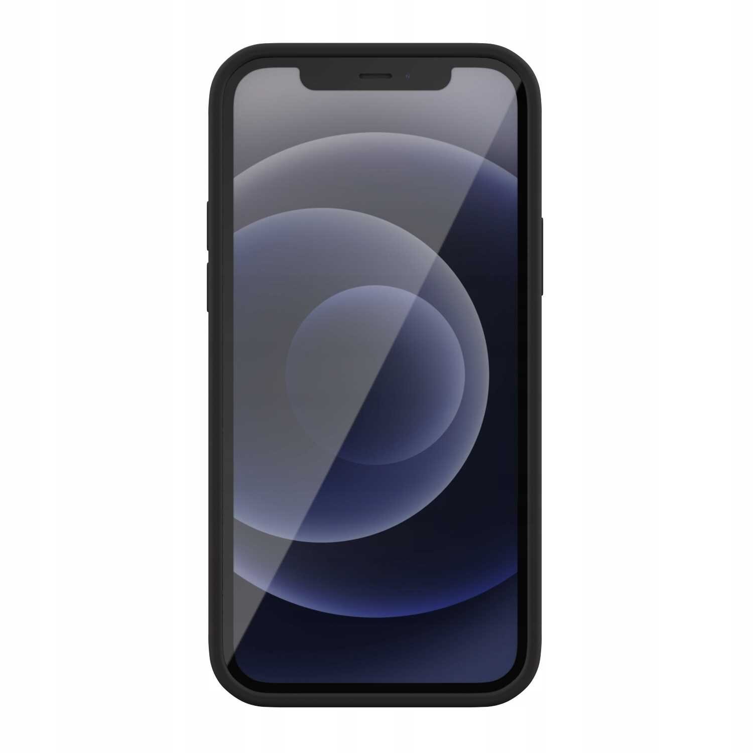 Na obrazie widoczny jest czarny telefon z silikonowym etui, z wyświetlaczem pokazującym abstrakcyjny wzór z okręgami. Telefon ma wycięcie na głośnik u góry ekranu.