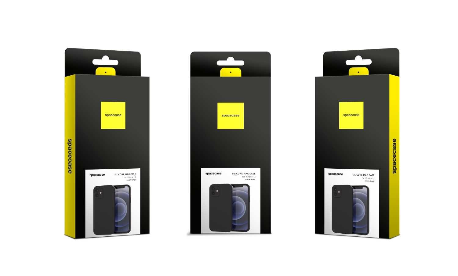 Trzy opakowania produktu SPACECASE Silicone Mag Case do iPhone 12 w kolorze czarnym. Opakowania są czarne z żółtymi elementami i zawierają zdjęcie etui na telefon.