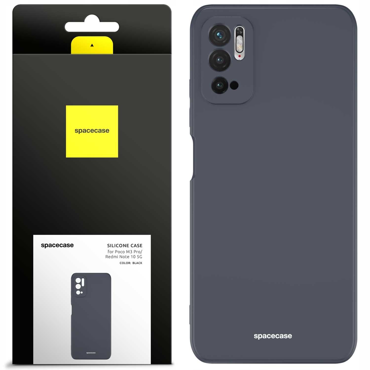 Obraz przedstawia czarne silikonowe etui na telefon z trzema wycięciami na aparaty. Opakowanie produktu ma czarną i żółtą kolorystykę z napisem \'spacecase\'.
