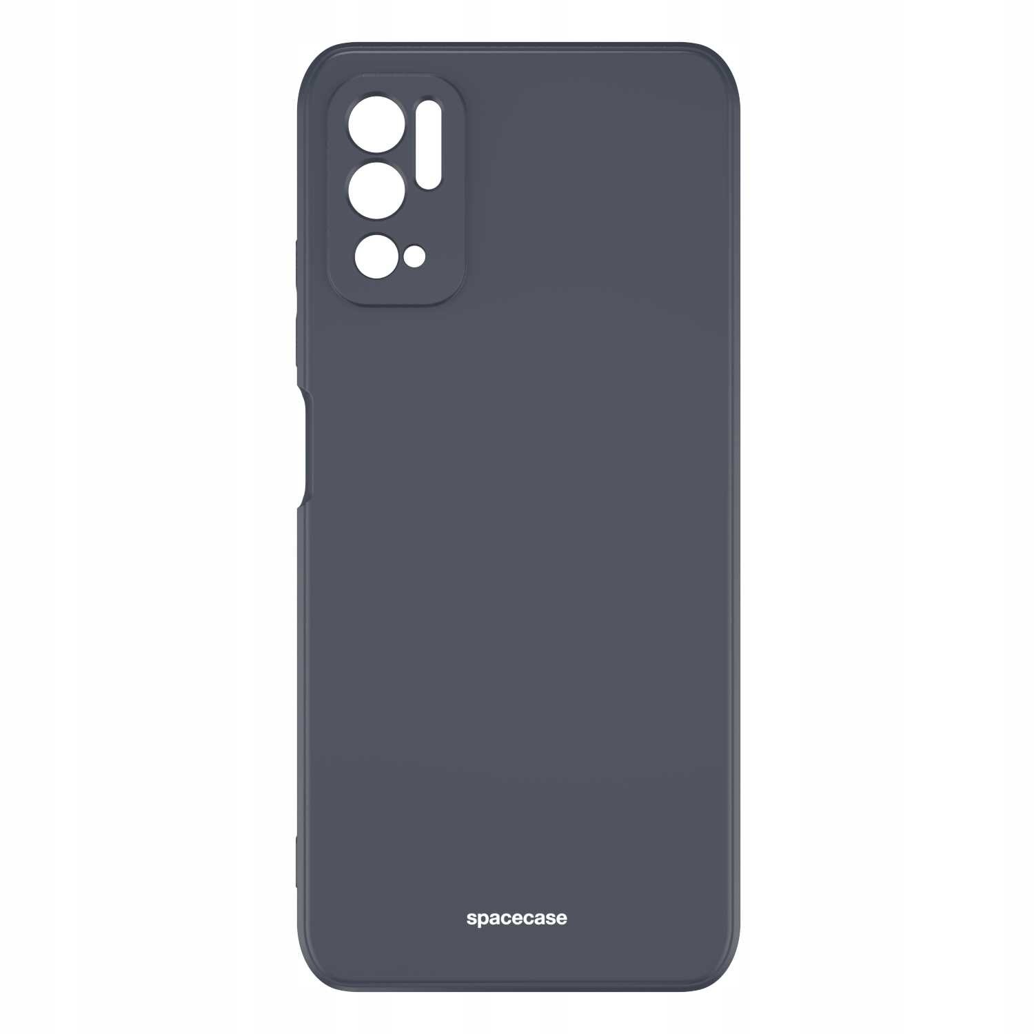 Czarne silikonowe etui z wycięciami na aparat i logo \'spacecase\' na dole.