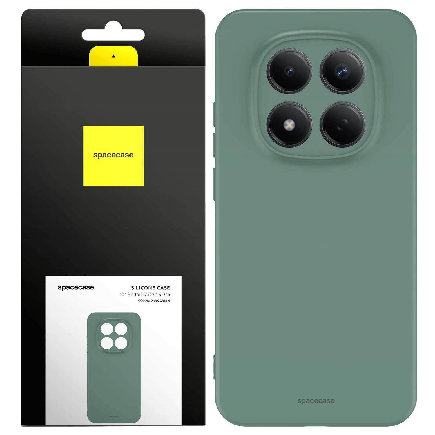 Zielone silikonowe etui z trzema okrągłymi wycięciami na aparaty. Opakowanie z logo \'spacecase\' i napisem \'SILICONE CASE for Redmi Note 15 Pro COLOR: DARK GREEN\'.