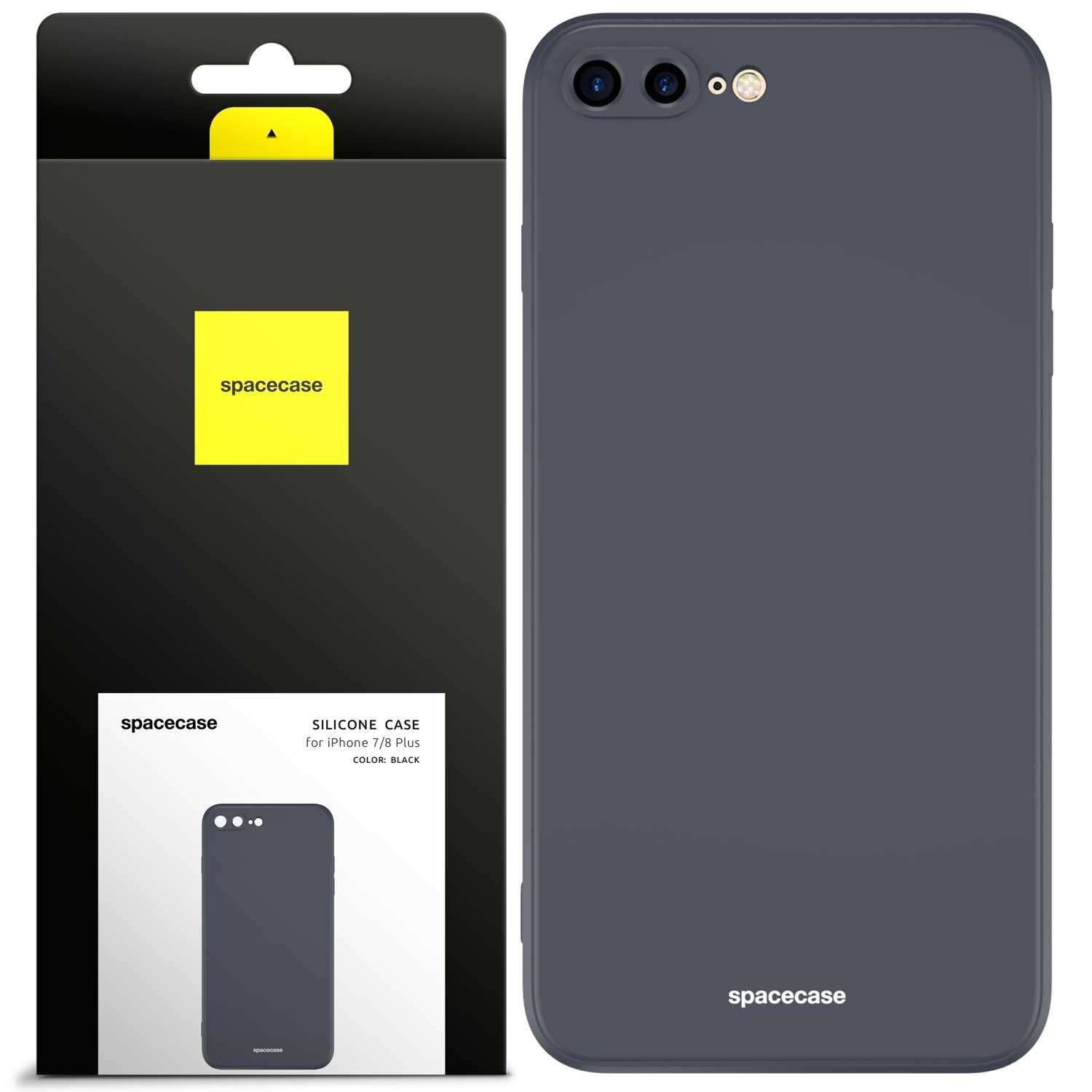Obraz przedstawia czarne silikonowe etui na telefon z napisem \'spacecase\'. Opakowanie zawiera informacje: \'SILICONE CASE for iPhone 7/8 Plus COLOR: BLACK\'.