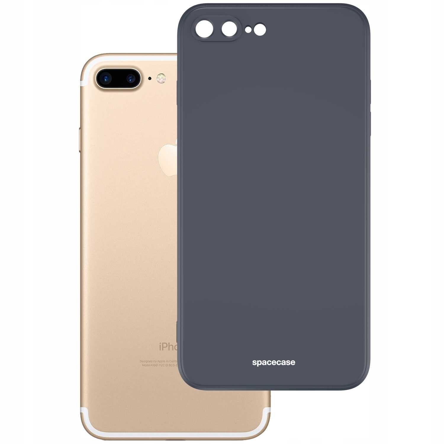 Na obrazie widoczne jest czarne silikonowe etui z napisem \'spacecase\', obok złotego telefonu z logo w kształcie jabłka.