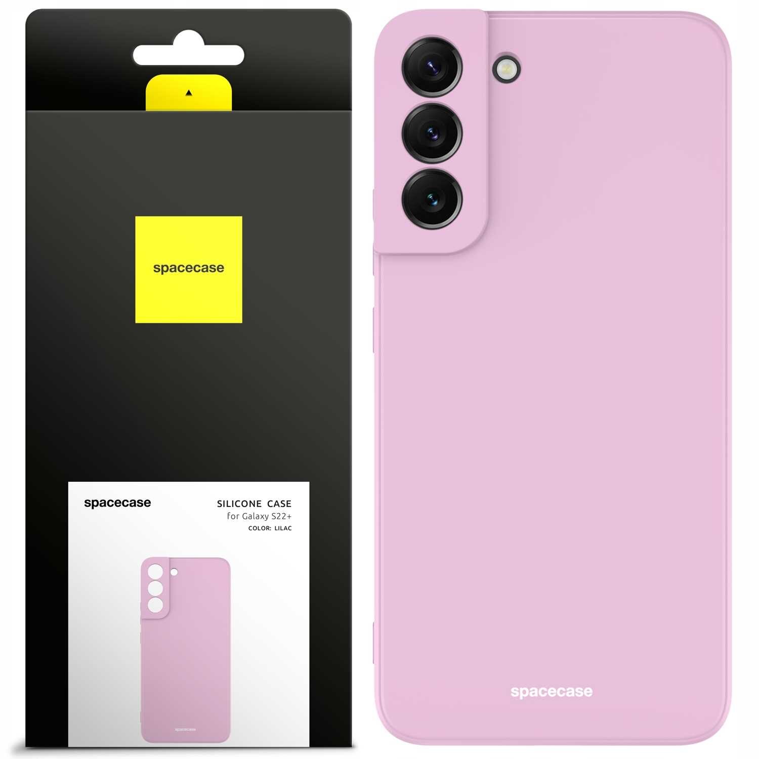 Różowe silikonowe etui SPACECASE do Galaxy S22+ jest przedstawione obok opakowania z logo \'spacecase\'. Na opakowaniu widnieje napis: \'SILICONE CASE for Galaxy S22+ COLOR: LILAC\'.