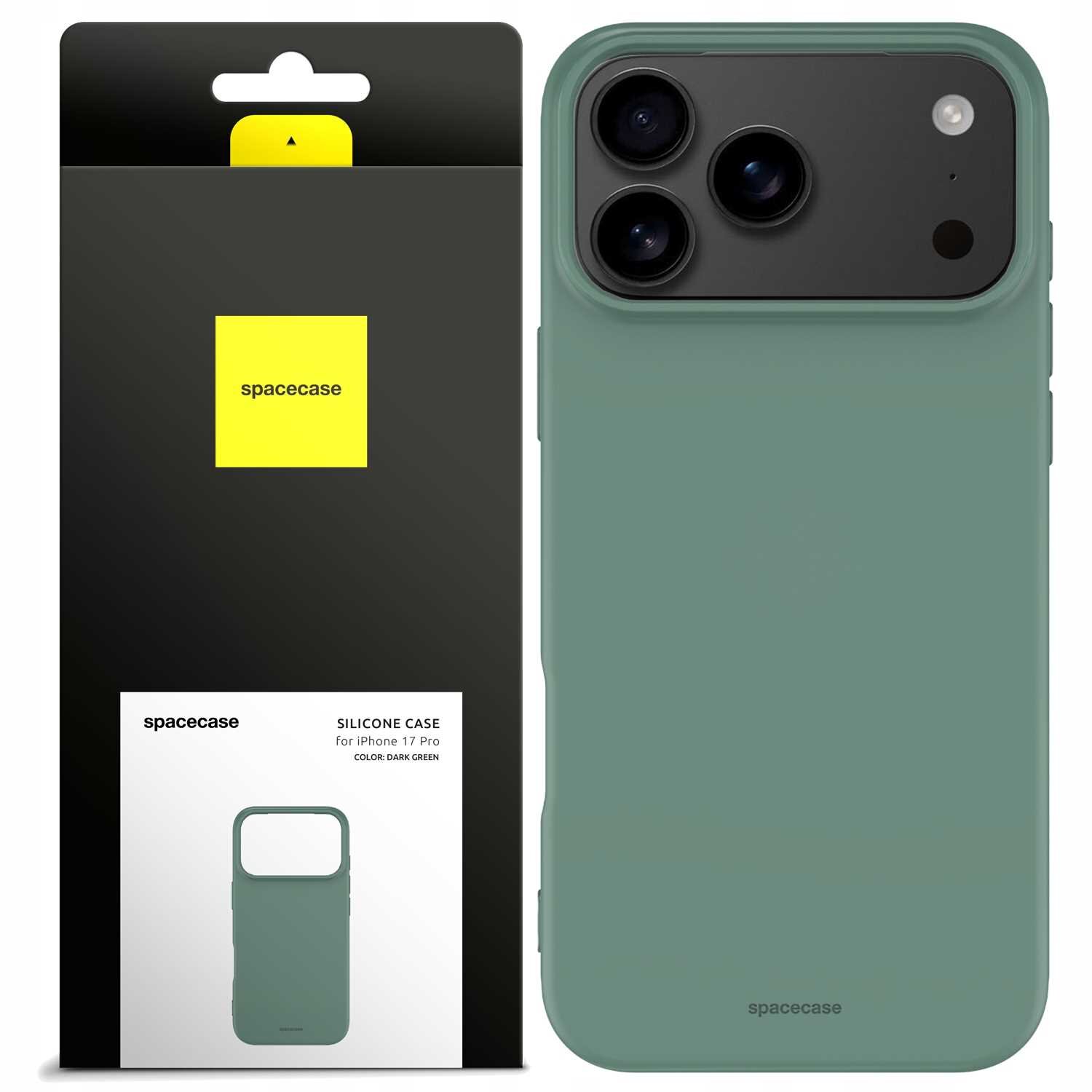 Obraz przedstawia zielone silikonowe etui na telefon z trzema otworami na aparaty. Obok znajduje się opakowanie z logo \'spacecase\' i napisem \'SILICONE CASE for iPhone 17 Pro COLOR: DARK GREEN\'.