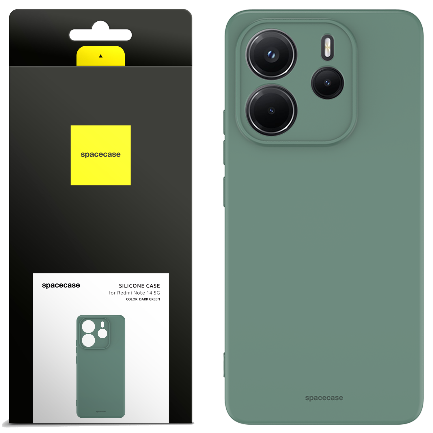 Zielone silikonowe etui na telefon z trzema otworami na aparaty i jednym na lampę błyskową. Opakowanie z logo \'spacecase\' i napisem \'SILICONE CASE for Redmi Note 14 5G COLOR: DARK GREEN\'.