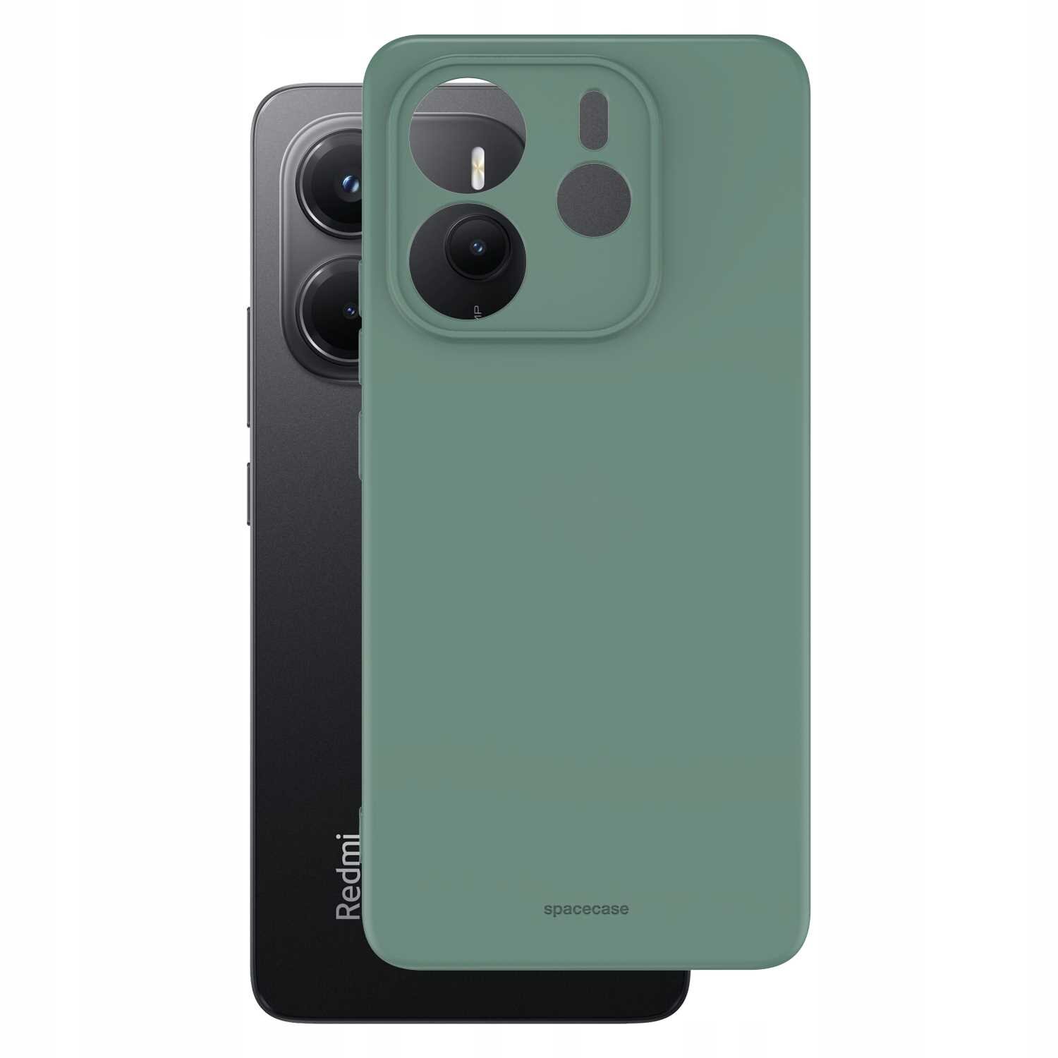 Na obrazie widoczne jest zielone silikonowe etui na telefon z wycięciami na aparat i inne elementy. W tle znajduje się czarny telefon z widocznym logo \'Redmi\'.