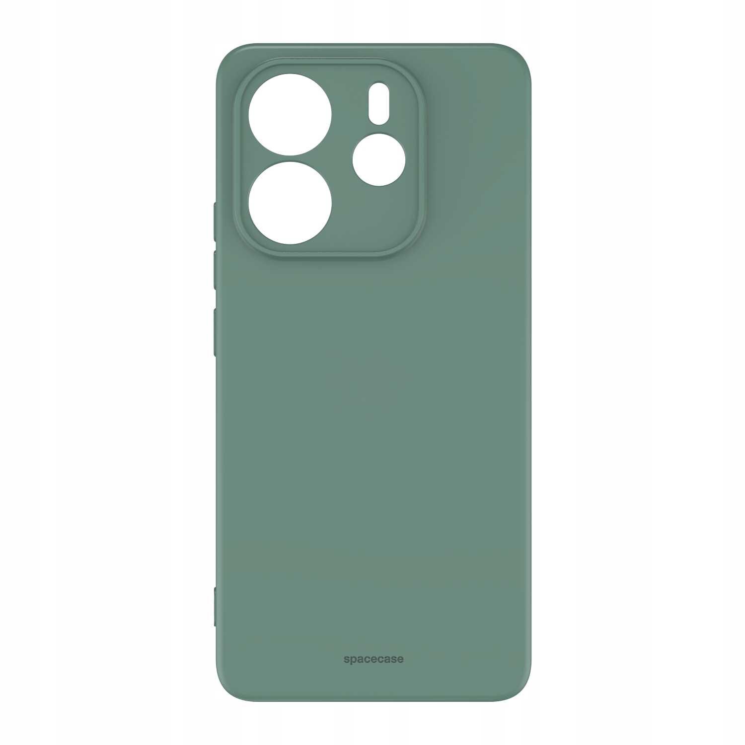 Zielone silikonowe etui z wycięciami na aparat i logo \'spacecase\' na dole.