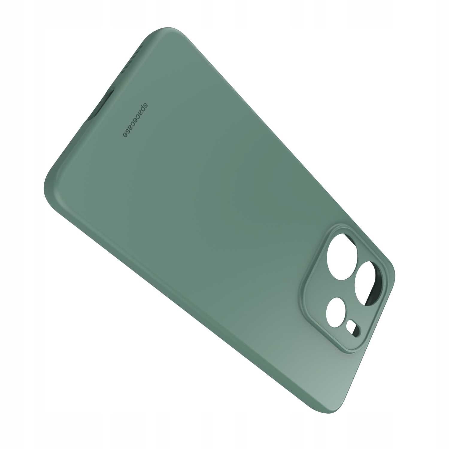 Zielone silikonowe etui z wycięciami na aparat i logo \'spacecase\'.