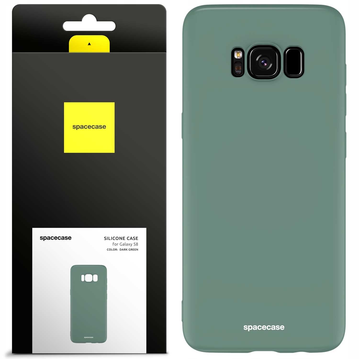 Obraz przedstawia zielone silikonowe etui na telefon z wycięciem na aparat. Opakowanie zawiera logo \'spacecase\' oraz napis \'SILICONE CASE for Galaxy S8 COLOR: DARK GREEN\'.