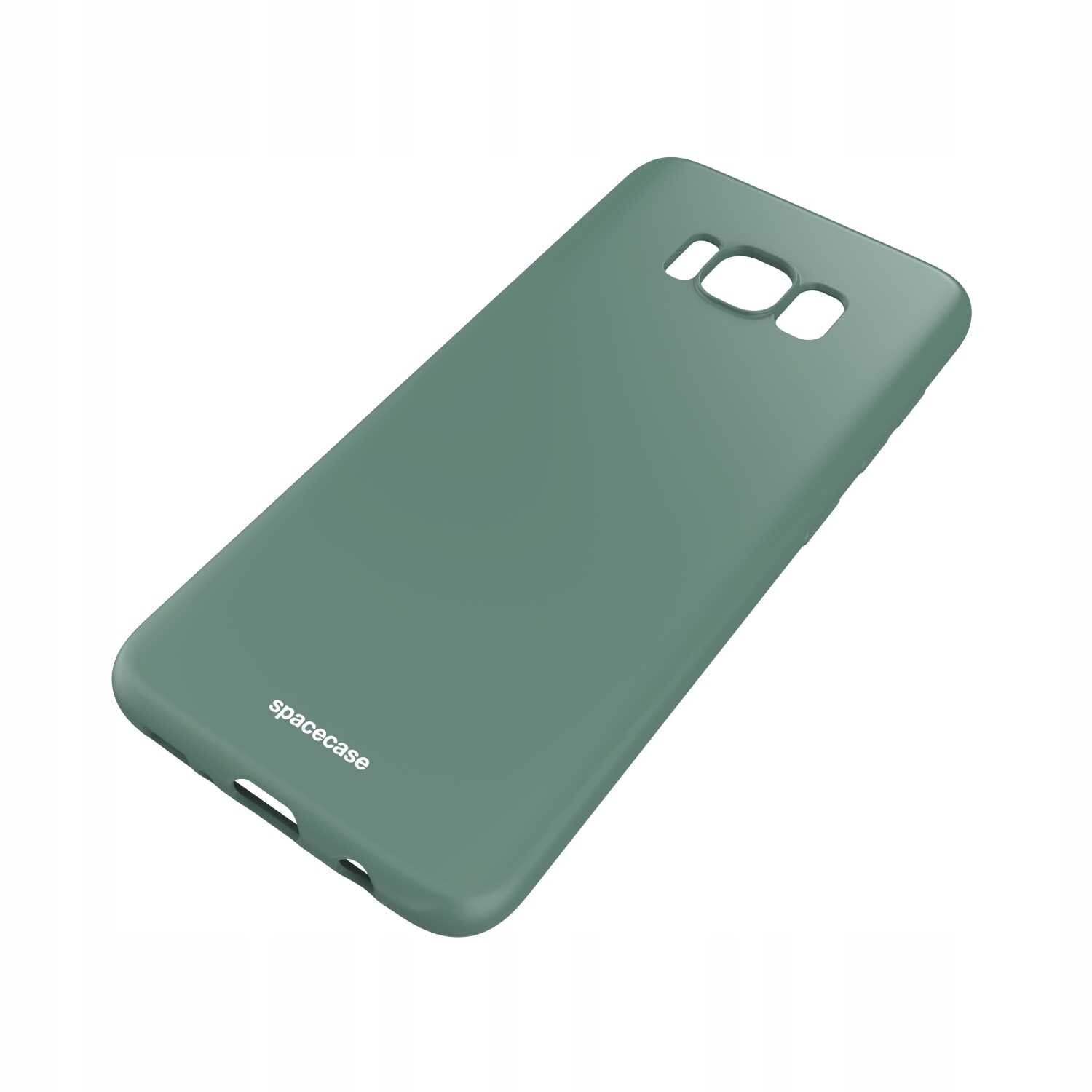 Zielone silikonowe etui z wycięciami na aparat i przyciski, z widocznym napisem \'spacecase\'.