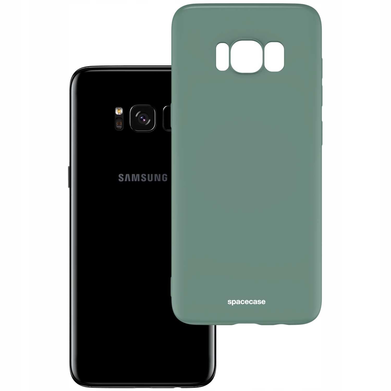 Na obrazie widoczny jest czarny telefon z logo \'SAMSUNG\' oraz zielone silikonowe etui z napisem \'spacecase\'.