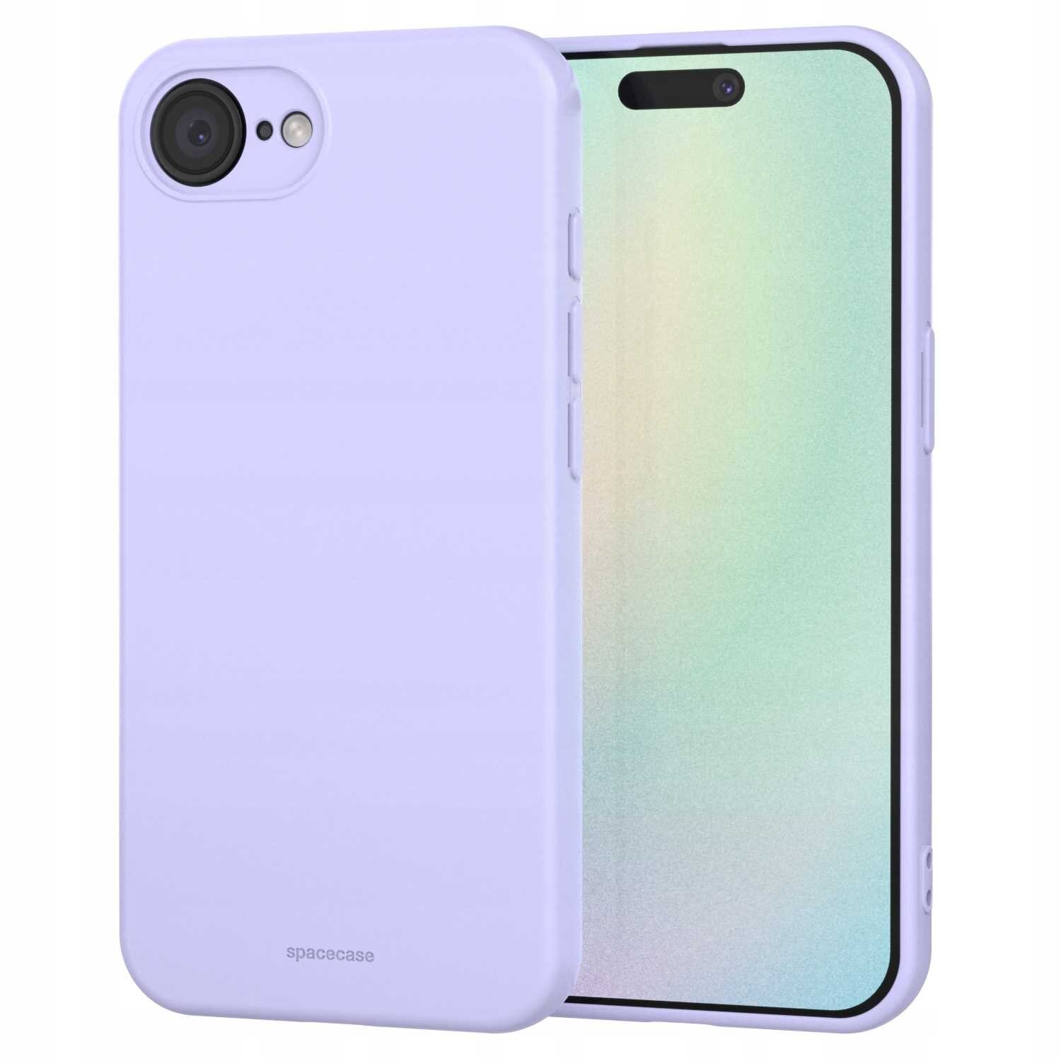 Fioletowe silikonowe etui na telefon z widocznym logo \'spacecase\'. Etui jest założone na telefon, którego ekran jest włączony i wyświetla gradientowe tło.