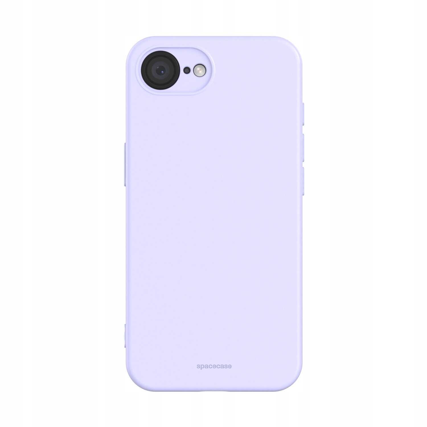 Fioletowe silikonowe etui na telefon z wycięciem na aparat i logo \'spacecase\' na dole.
