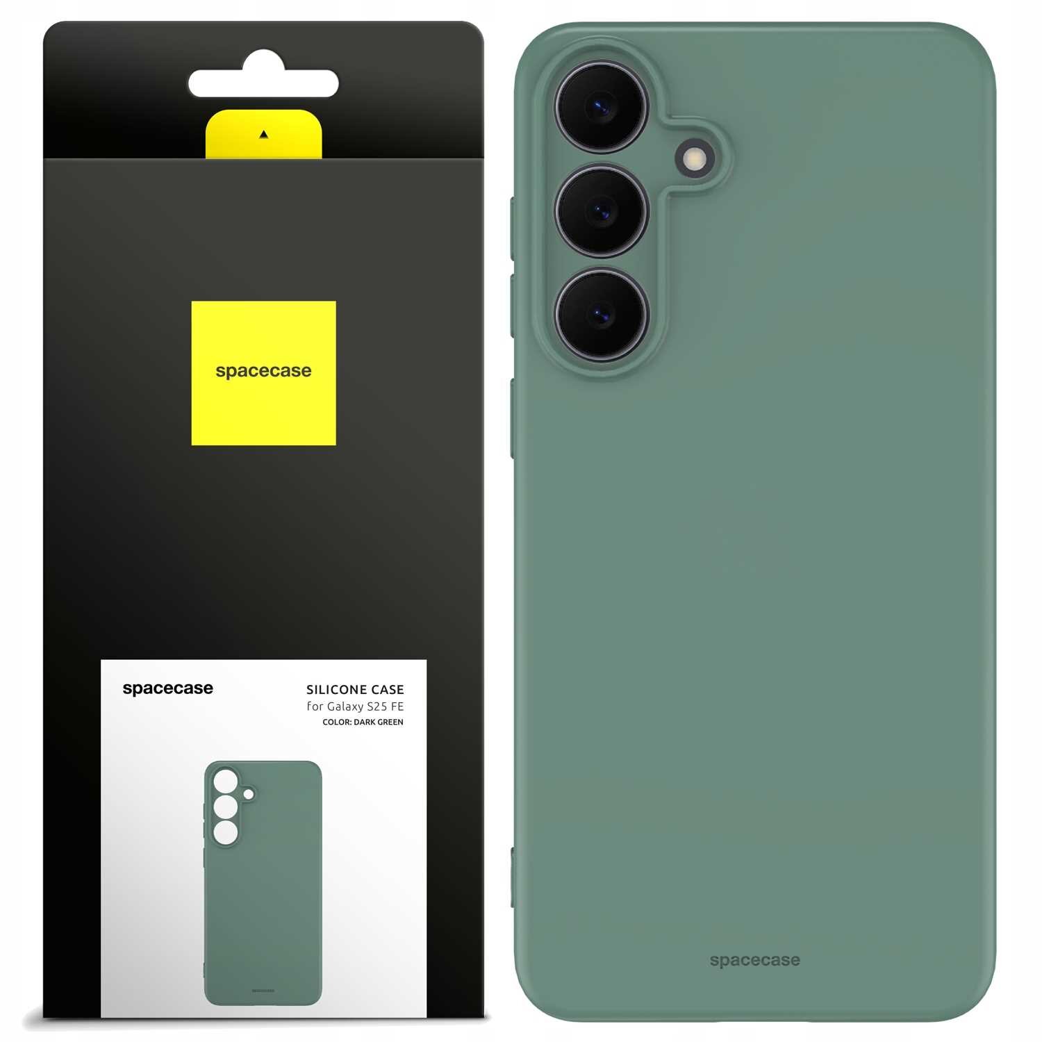 Obraz przedstawia zielone silikonowe etui na telefon z trzema otworami na aparaty. Obok znajduje się opakowanie z logo \'spacecase\' i napisem \'SILICONE CASE for Galaxy S25 FE COLOR: DARK GREEN\'.