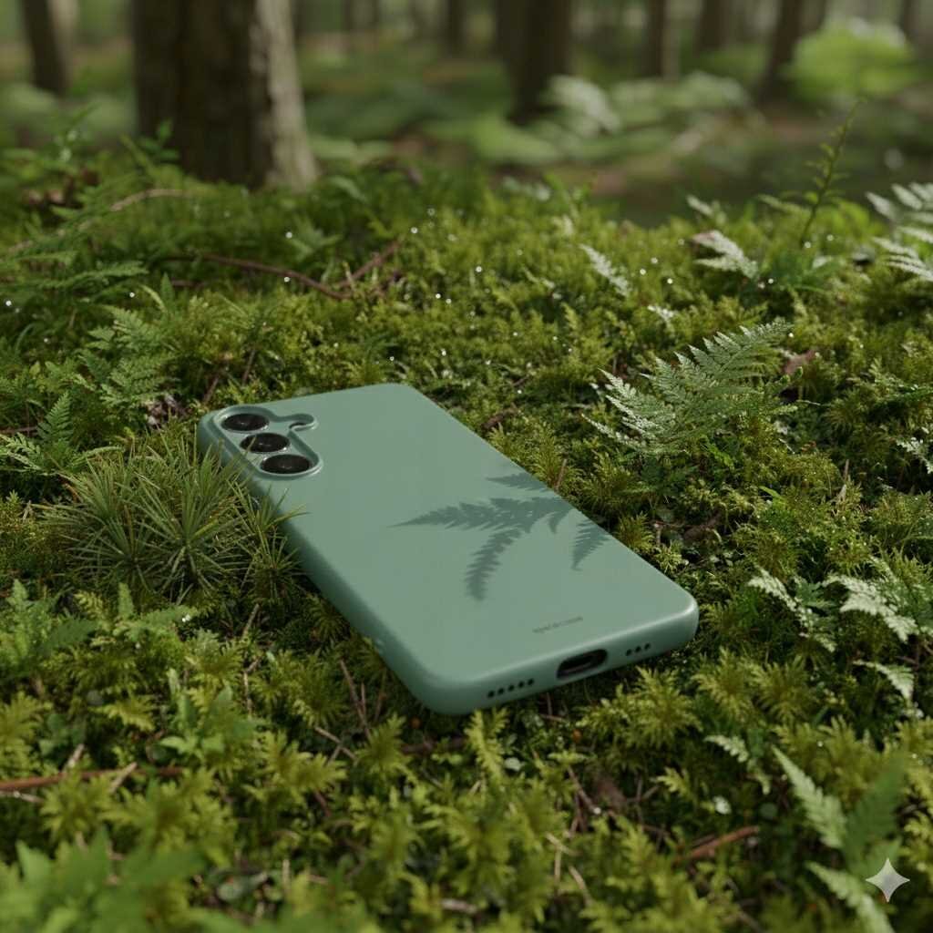 Zielone silikonowe etui na telefon leży na mchu w lesie. Na etui widoczny jest cień paproci.