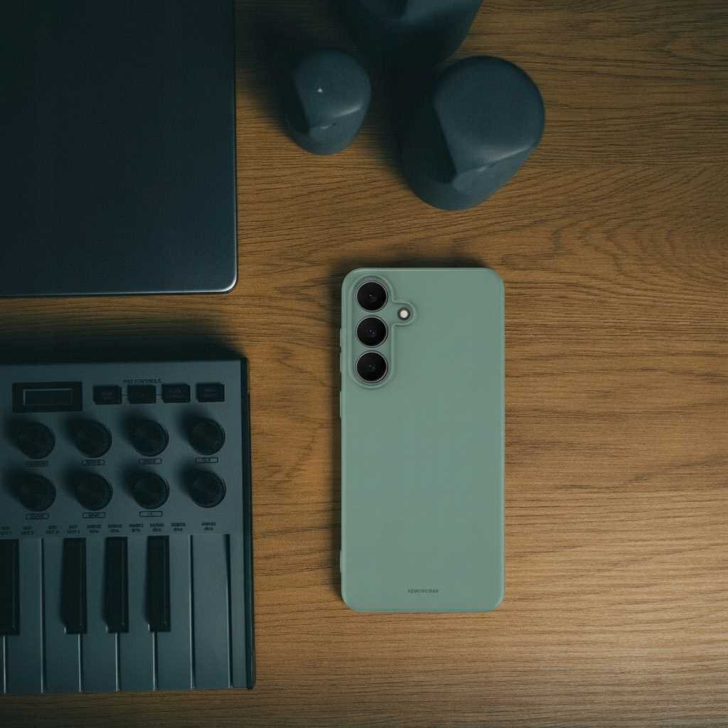 Na drewnianym blacie leży zielone silikonowe etui na telefon z trzema otworami na aparaty. Obok znajduje się część klawiatury MIDI i laptopa.