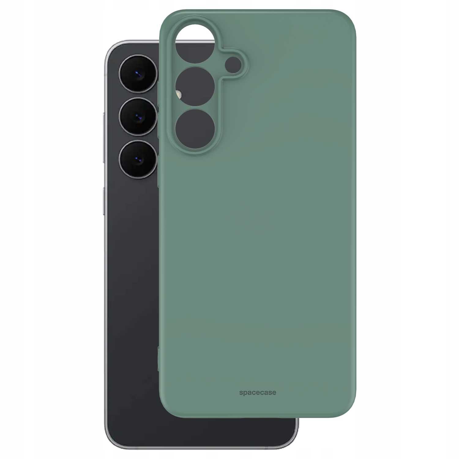Zielone silikonowe etui z trzema wycięciami na aparaty, widoczne na tle ciemnego telefonu. Na dole etui znajduje się napis \'spacecase\'.