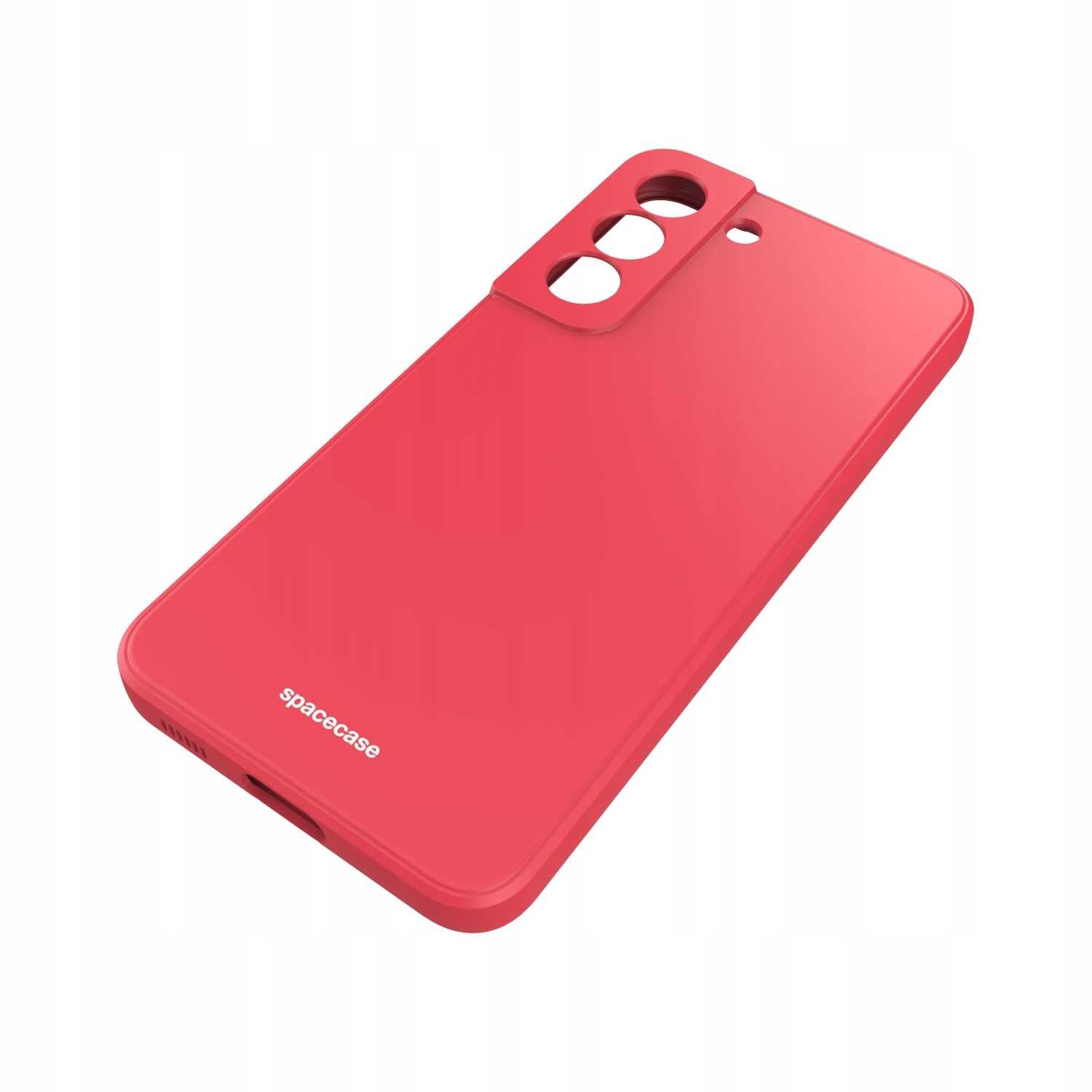 Czerwone silikonowe etui z wycięciami na aparat i logo \'spacecase\' na dole. Etui jest przeznaczone do telefonu Galaxy S22.