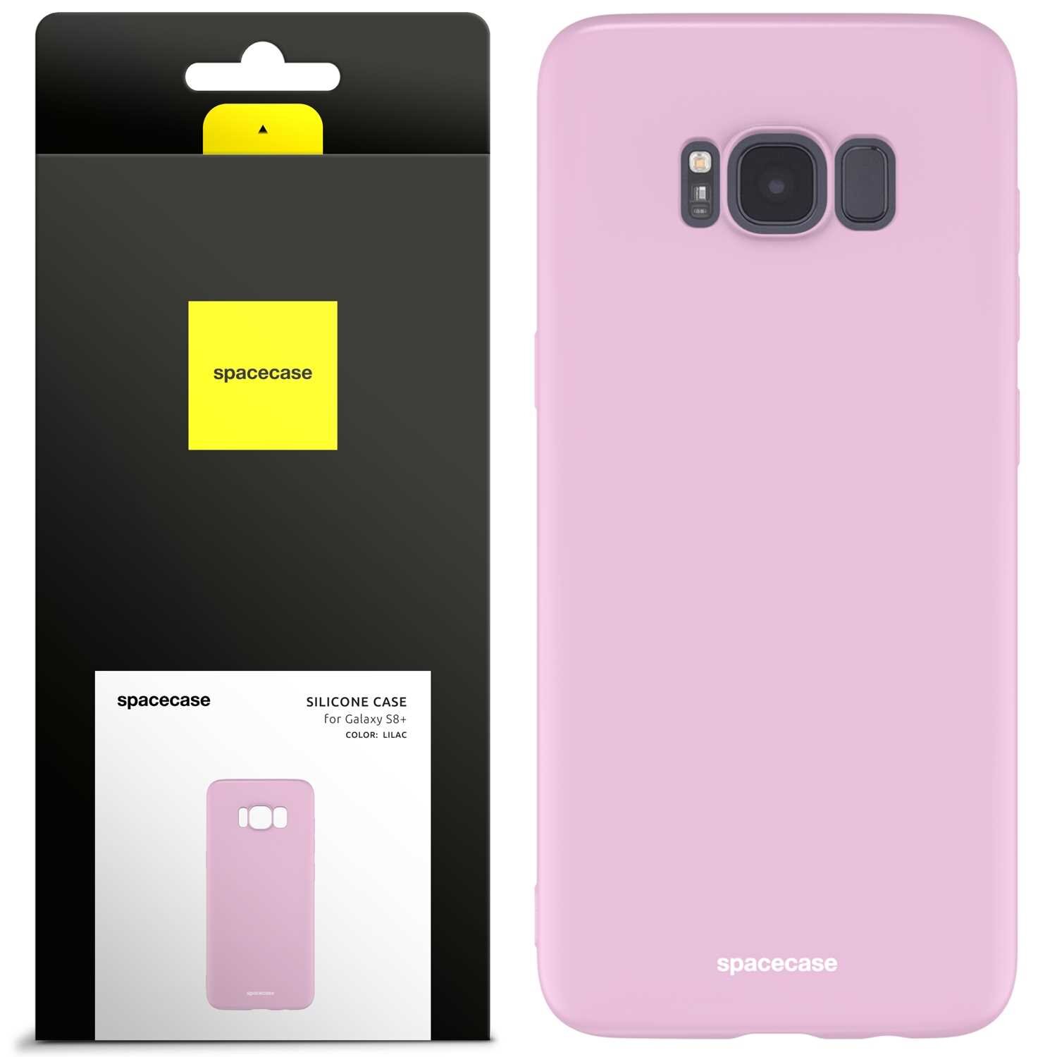 Obraz przedstawia różowe silikonowe etui na telefon Galaxy S8+ oraz jego opakowanie. Na opakowaniu widnieje napis \'spacecase\' oraz \'SILICONE CASE for Galaxy S8+ COLOR: LILAC\'.