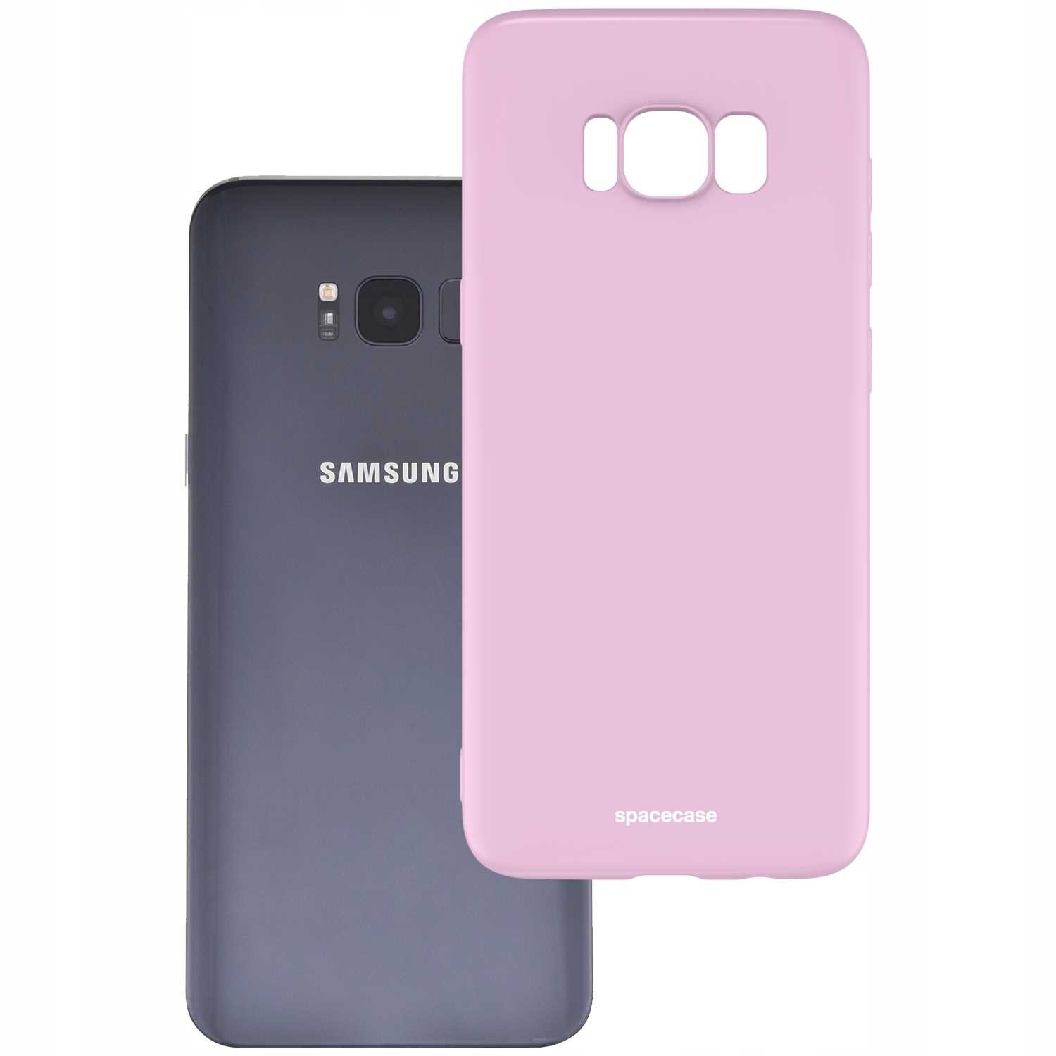 Na obrazie widoczne jest różowe silikonowe etui z napisem \'spacecase\', obok telefonu z logo \'SAMSUNG\'.