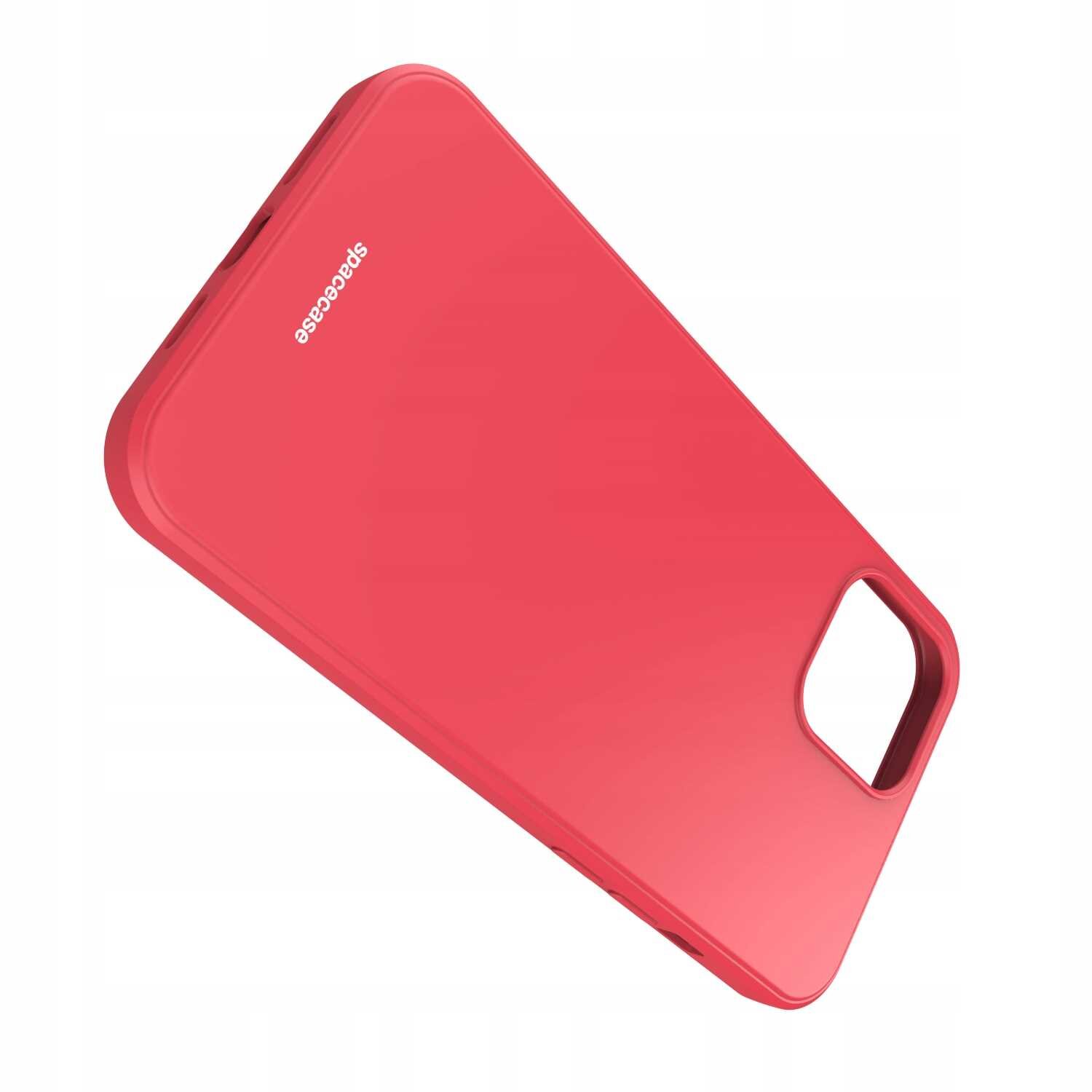 Czerwone silikonowe etui z wycięciem na aparat i logo \'spacecase\'.