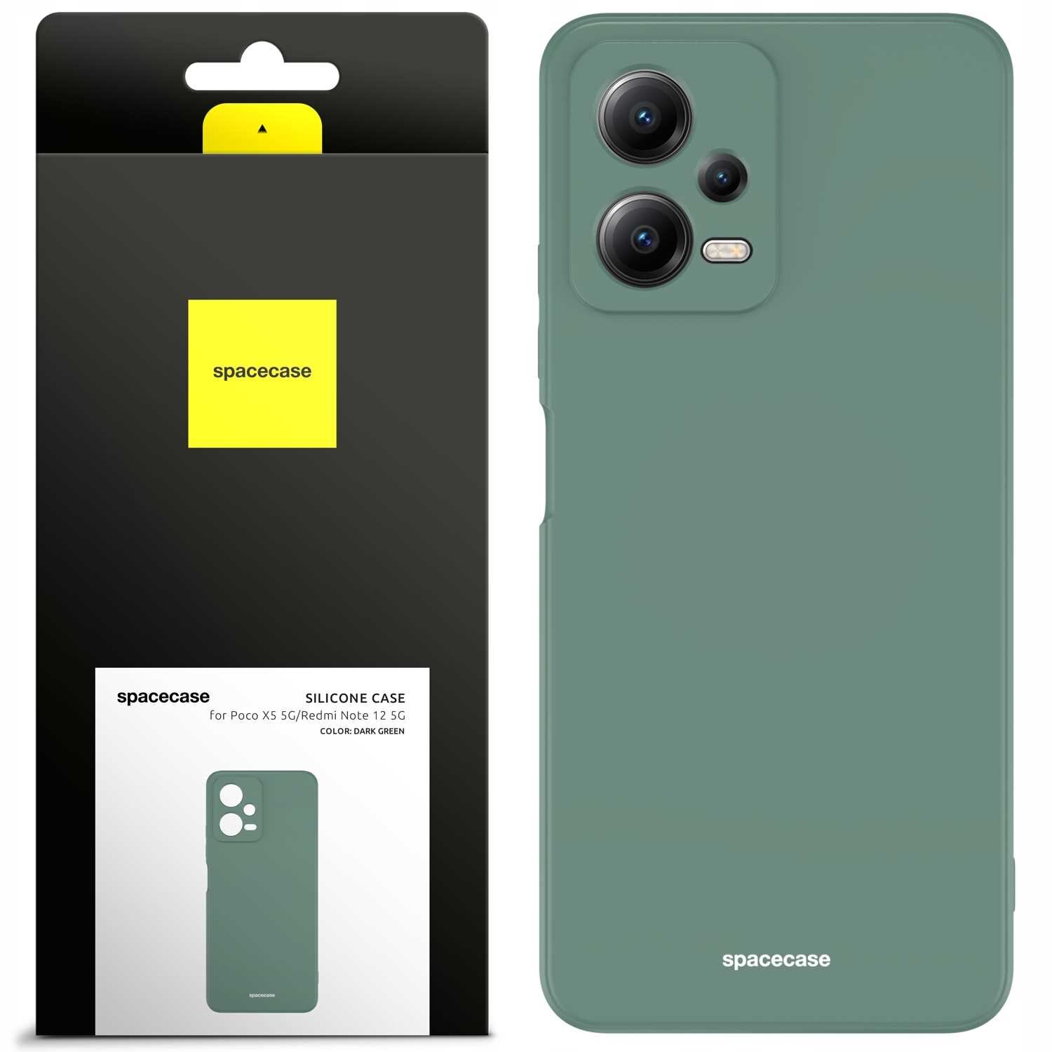 Zielone silikonowe etui na telefon z trzema otworami na aparaty. Opakowanie z logo \'spacecase\' i napisem \'SILICONE CASE for Poco X5 5G/Redmi note 12 5G COLOR: DARK GREEN\'.