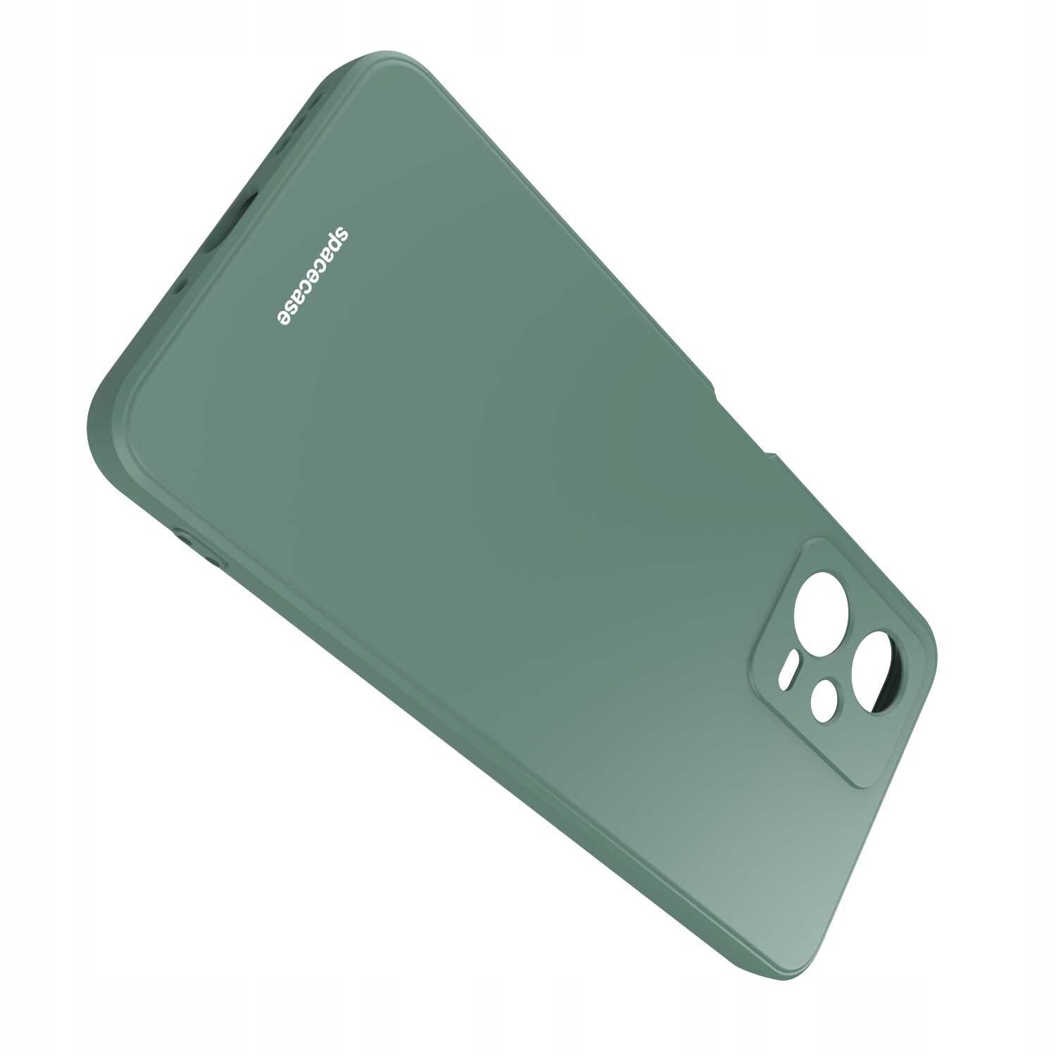 Zielone silikonowe etui z wycięciami na aparat i logo \'spacecase\'.
