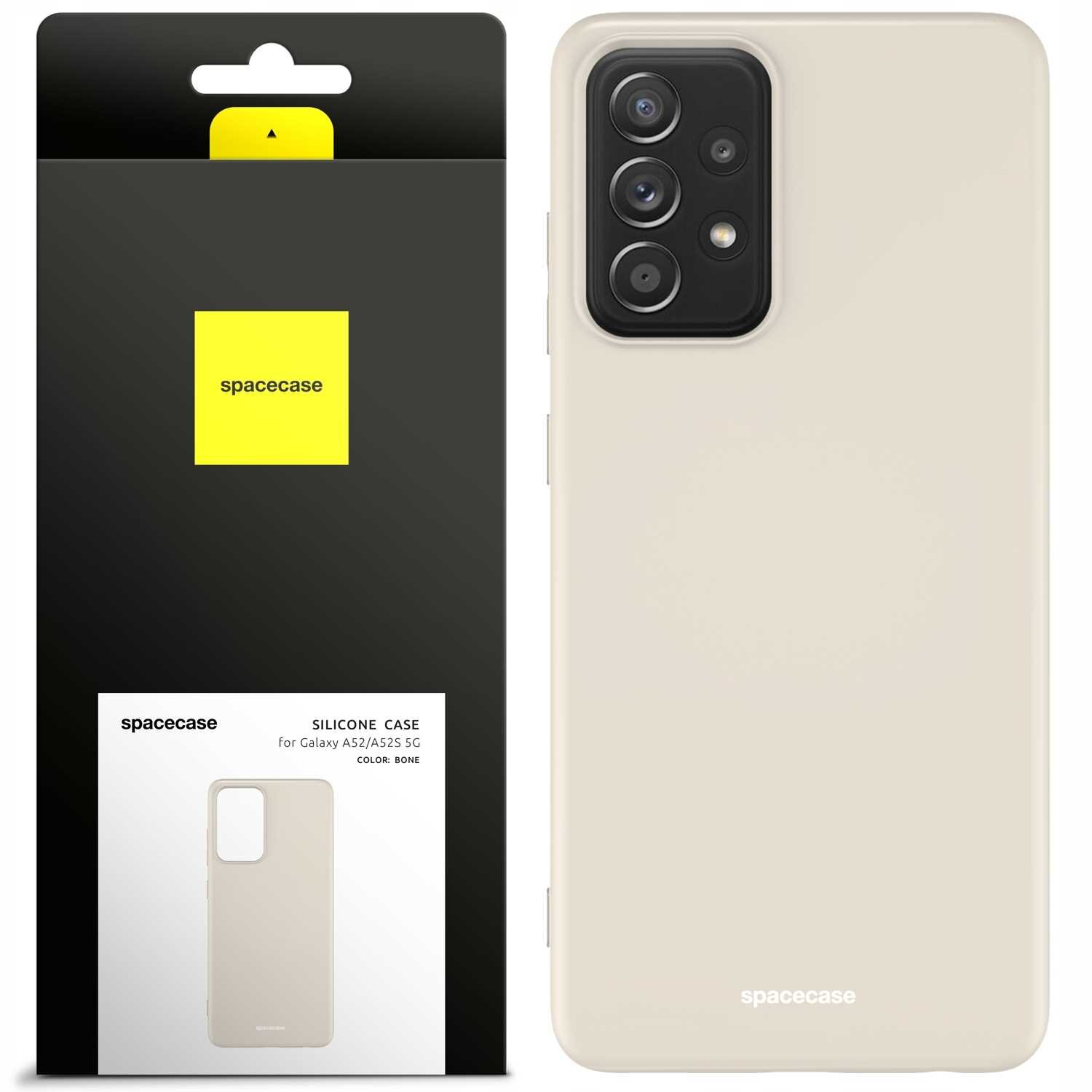 Obraz przedstawia silikonowe etui w kolorze beżowym, przeznaczone do Galaxy A52/A52s 5G. Opakowanie zawiera logo \'spacecase\' oraz napis \'SILICONE CASE for Galaxy A52/A52s 5G COLOR: BONE\'.