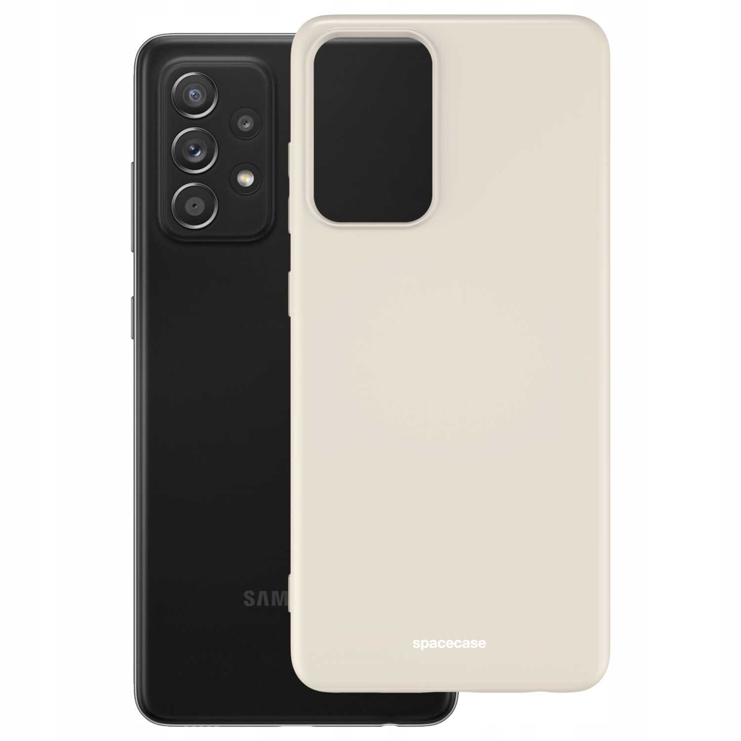 Na obrazie widoczne jest beżowe silikonowe etui na telefon z napisem \'spacecase\'. Obok znajduje się czarny telefon z czterema obiektywami aparatu.