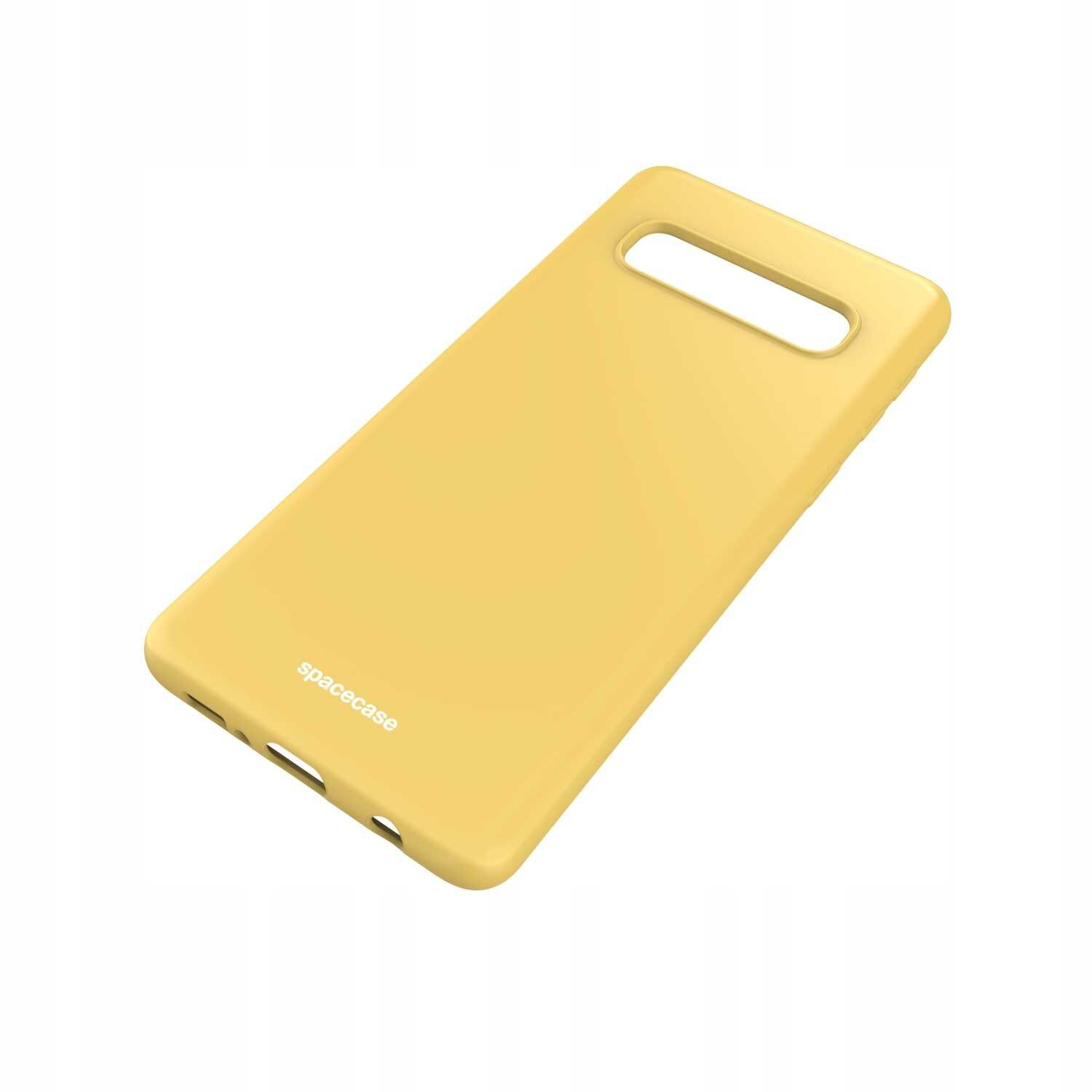Żółte silikonowe etui z wycięciem na aparat i logo \'spacecase\' na dole. Etui ma gładką powierzchnię i otwory na przyciski oraz porty.