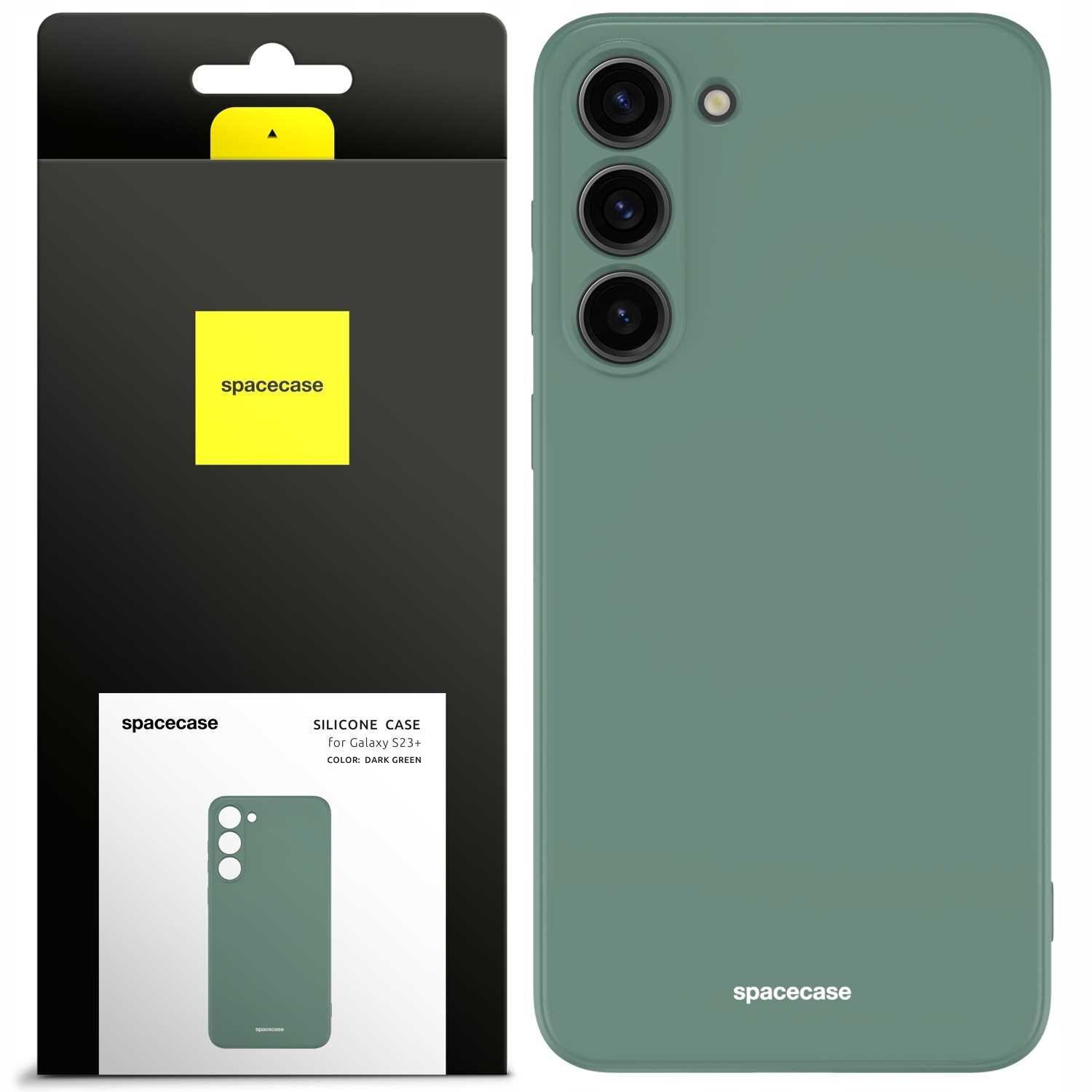 Obraz przedstawia zielone silikonowe etui na telefon z trzema otworami na aparaty. Opakowanie produktu zawiera logo \'spacecase\' oraz napis \'SILICONE CASE for Galaxy S23+ COLOR: DARK GREEN\'.