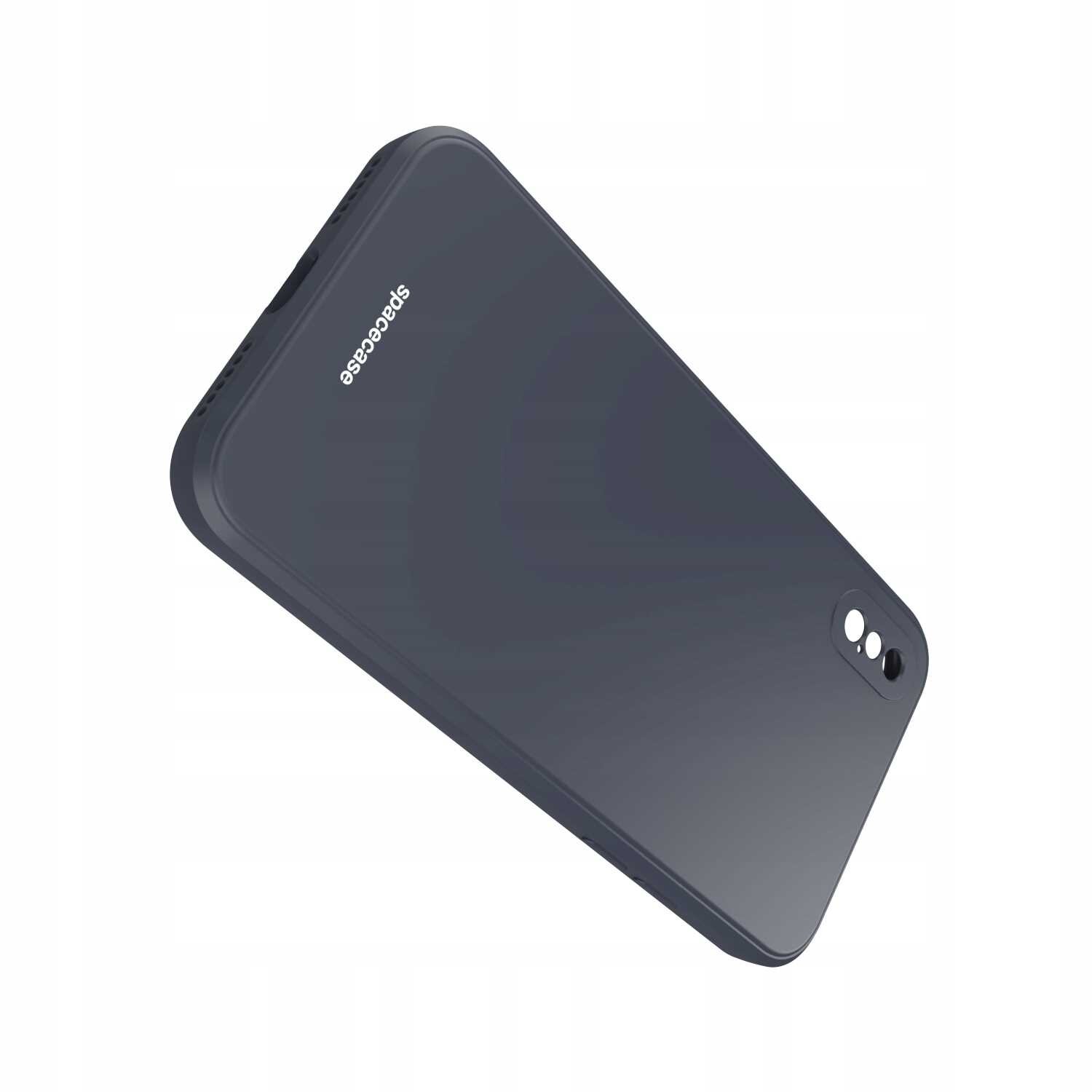 Czarne silikonowe etui na telefon z napisem \'spacecase\' na powierzchni. Etui posiada wycięcia na aparat i przyciski.