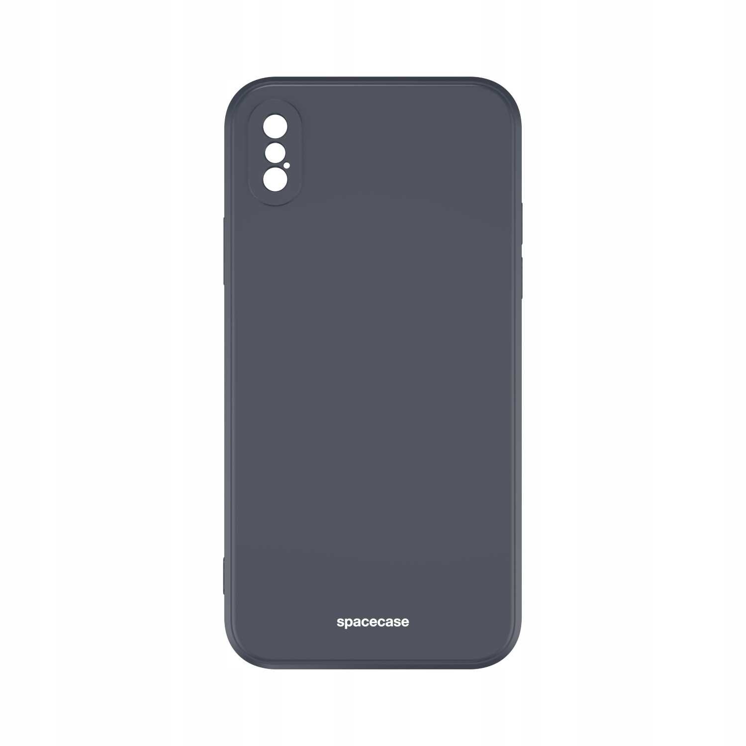 Czarne silikonowe etui na telefon z trzema otworami na aparat. Na dole widoczny jest napis \'spacecase\'.
