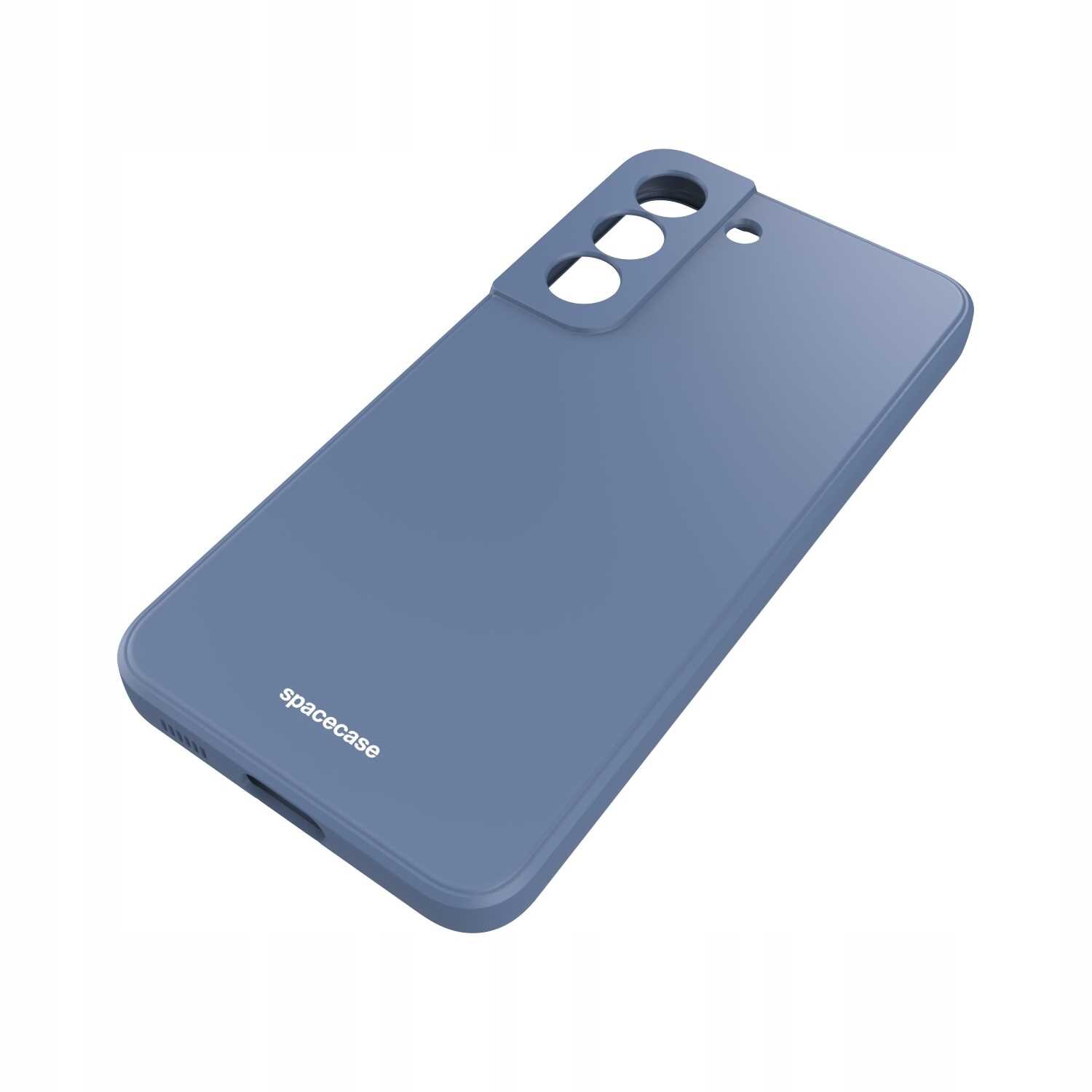 Niebieskie silikonowe etui z wycięciami na aparat i logo \'spacecase\' na dole. Etui jest przeznaczone do telefonu Galaxy S22.