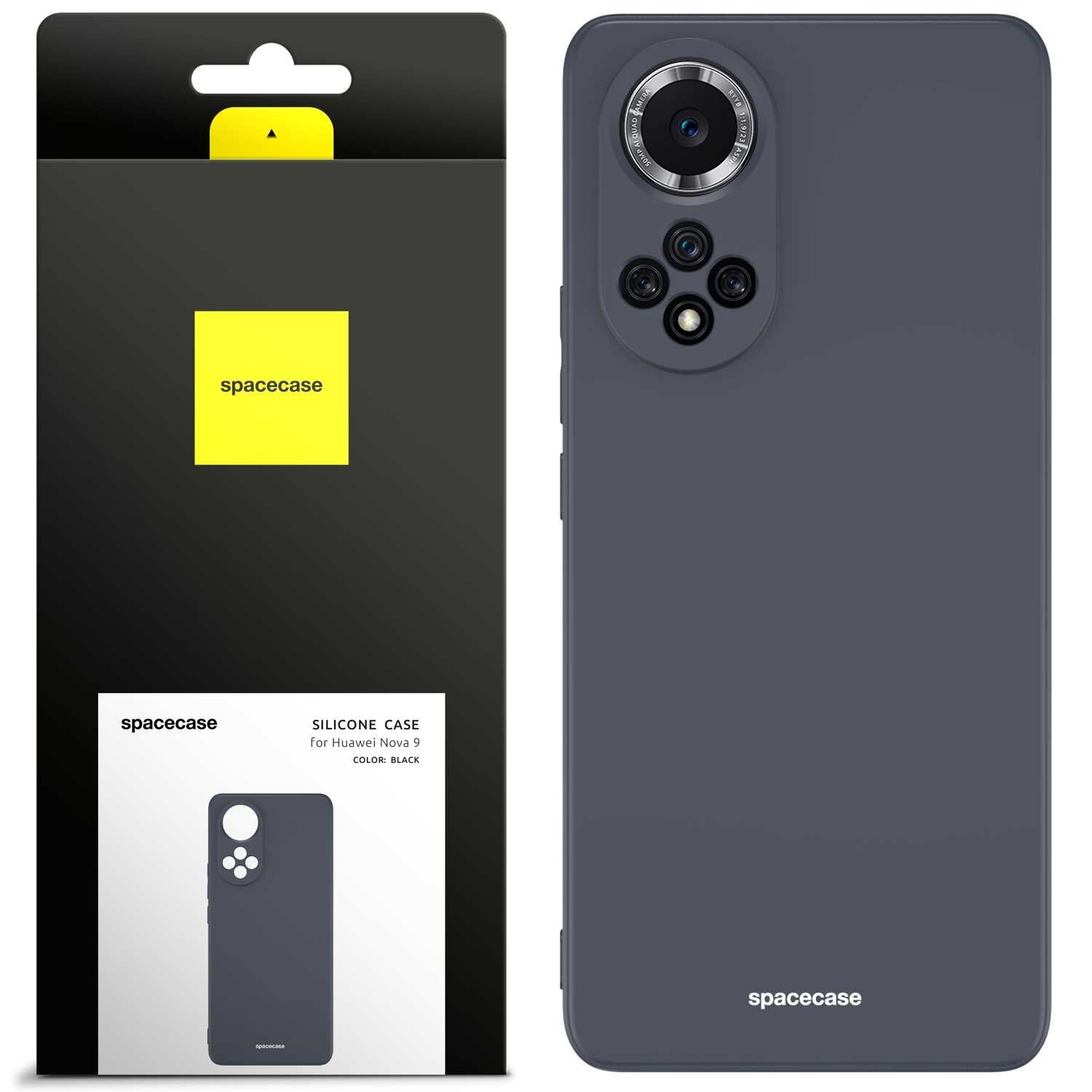 Obraz przedstawia czarne silikonowe etui na telefon Huawei Nova 9 z wycięciem na aparat. Opakowanie ma czarny kolor z żółtym logo \'spacecase\'.