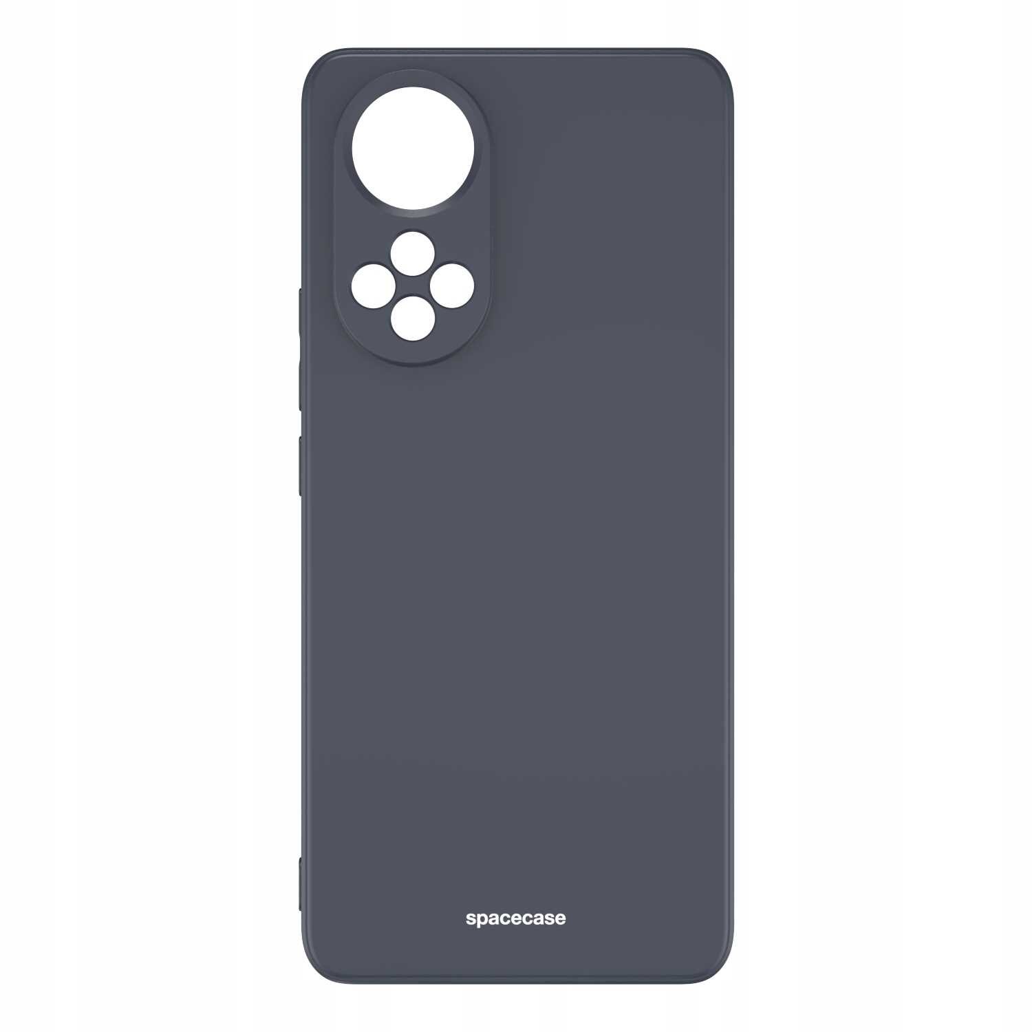 Czarne silikonowe etui z wycięciami na aparat i logo \'spacecase\' na dole. Etui ma gładką powierzchnię i zaokrąglone krawędzie.