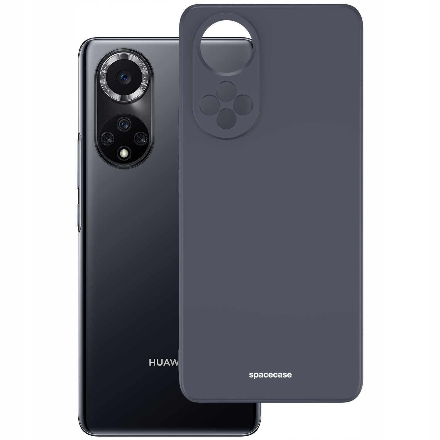 Na obrazie widoczne jest czarne silikonowe etui z napisem \'spacecase\' oraz smartfon z logo \'Huawei\'.