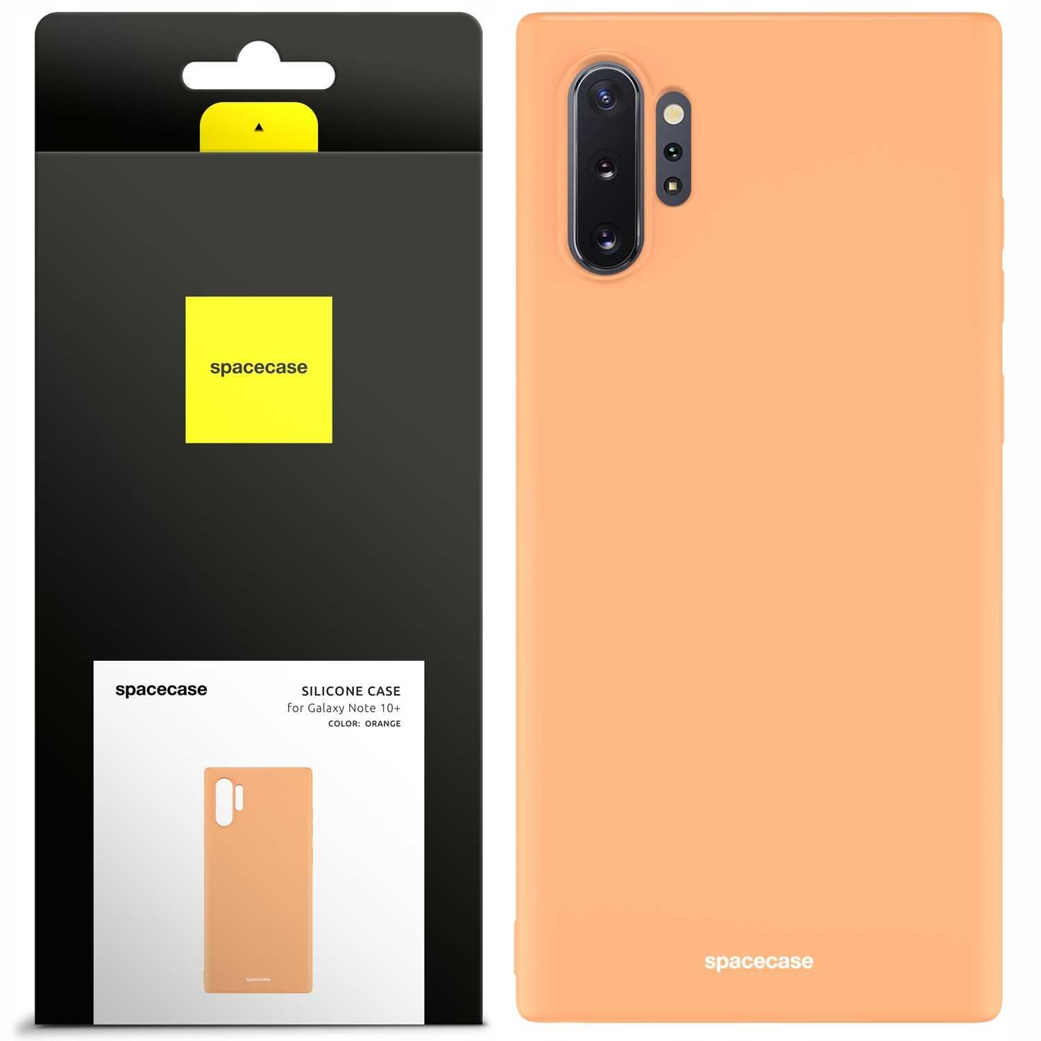 Obraz przedstawia pomarańczowe silikonowe etui na telefon Galaxy Note 10+ z logo \'spacecase\'. Obok znajduje się opakowanie z napisem \'spacecase SILICONE CASE for Galaxy Note 10+ COLOR: ORANGE\'.