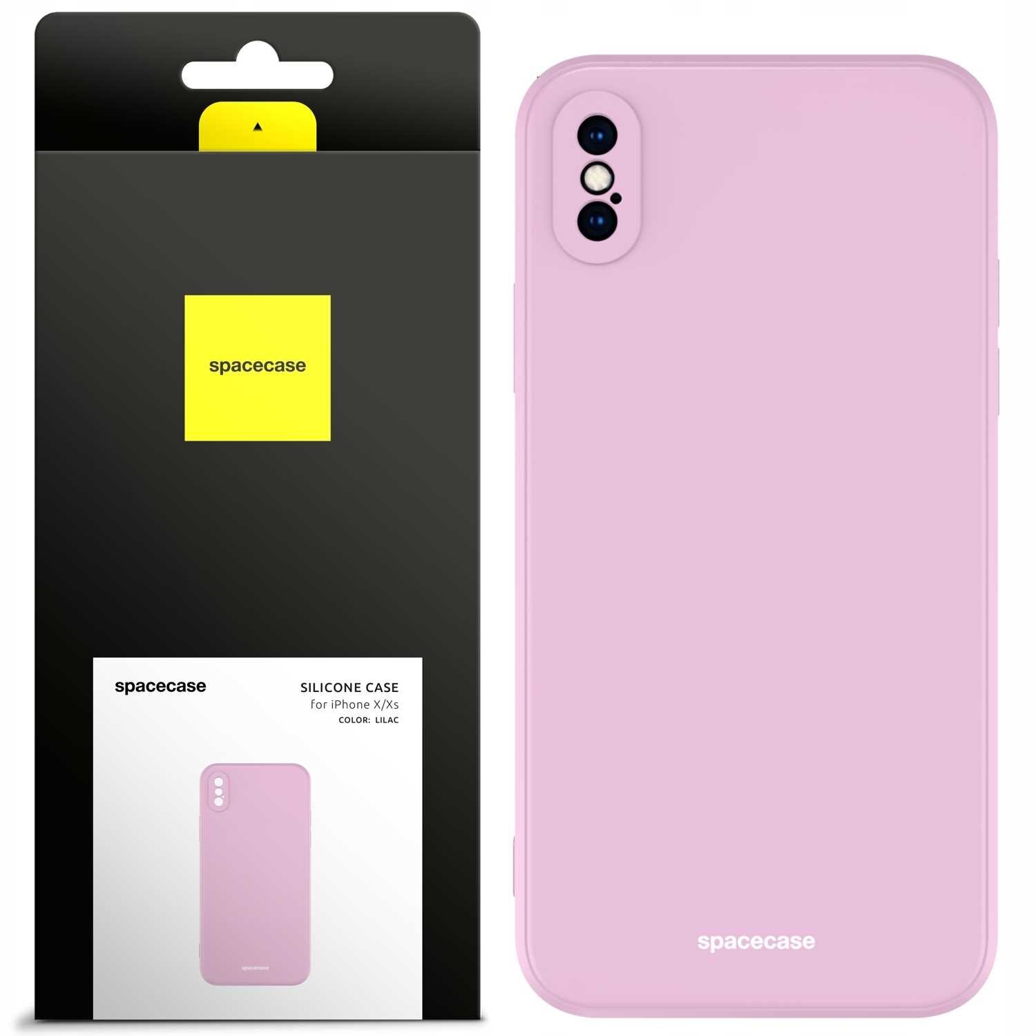 Obraz przedstawia różowe silikonowe etui na telefon z dwoma otworami na aparat. Opakowanie ma czarną i żółtą kolorystykę z napisem \'spacecase\'.